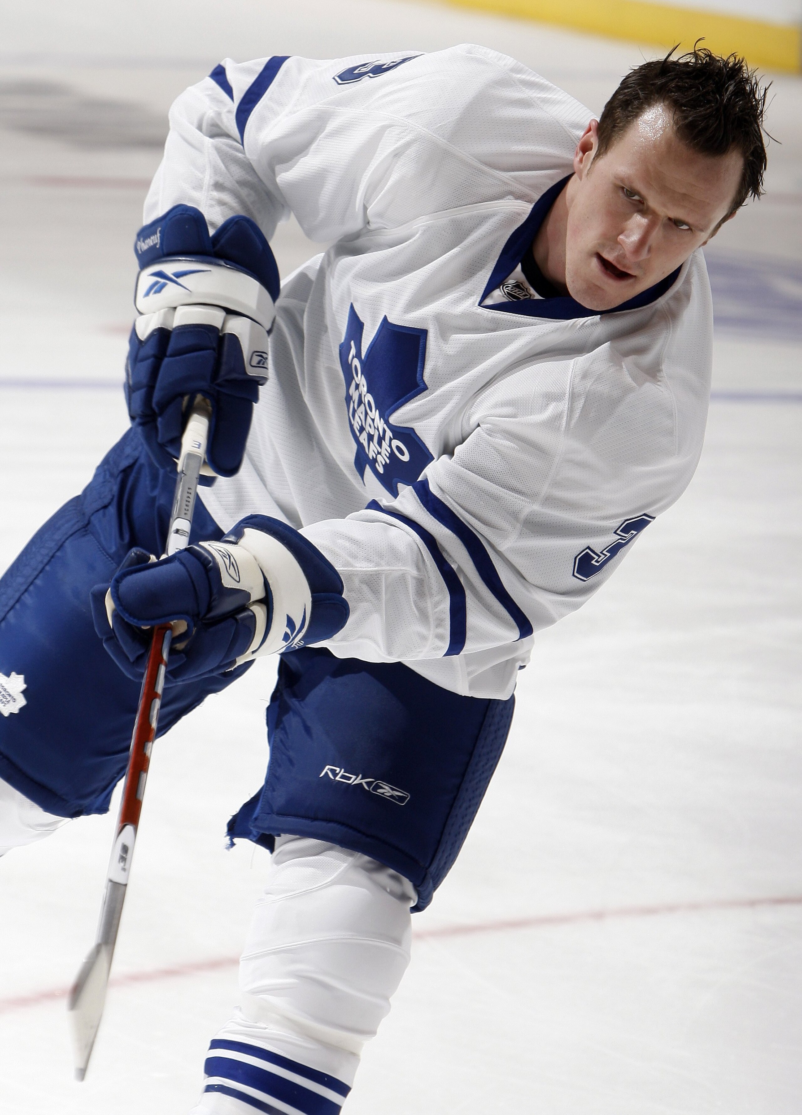 TORONTO - FEBRUARY 2: Dion Phaneuf #3 of the Toronto Maple Leafs shoots during pre-game skate before taking on the New Jersey Devils during game action on February 2, 2010 at the Air Canada Centre in Toronto, Ontario, Canada. (Photo by Abelimages/Getty Im