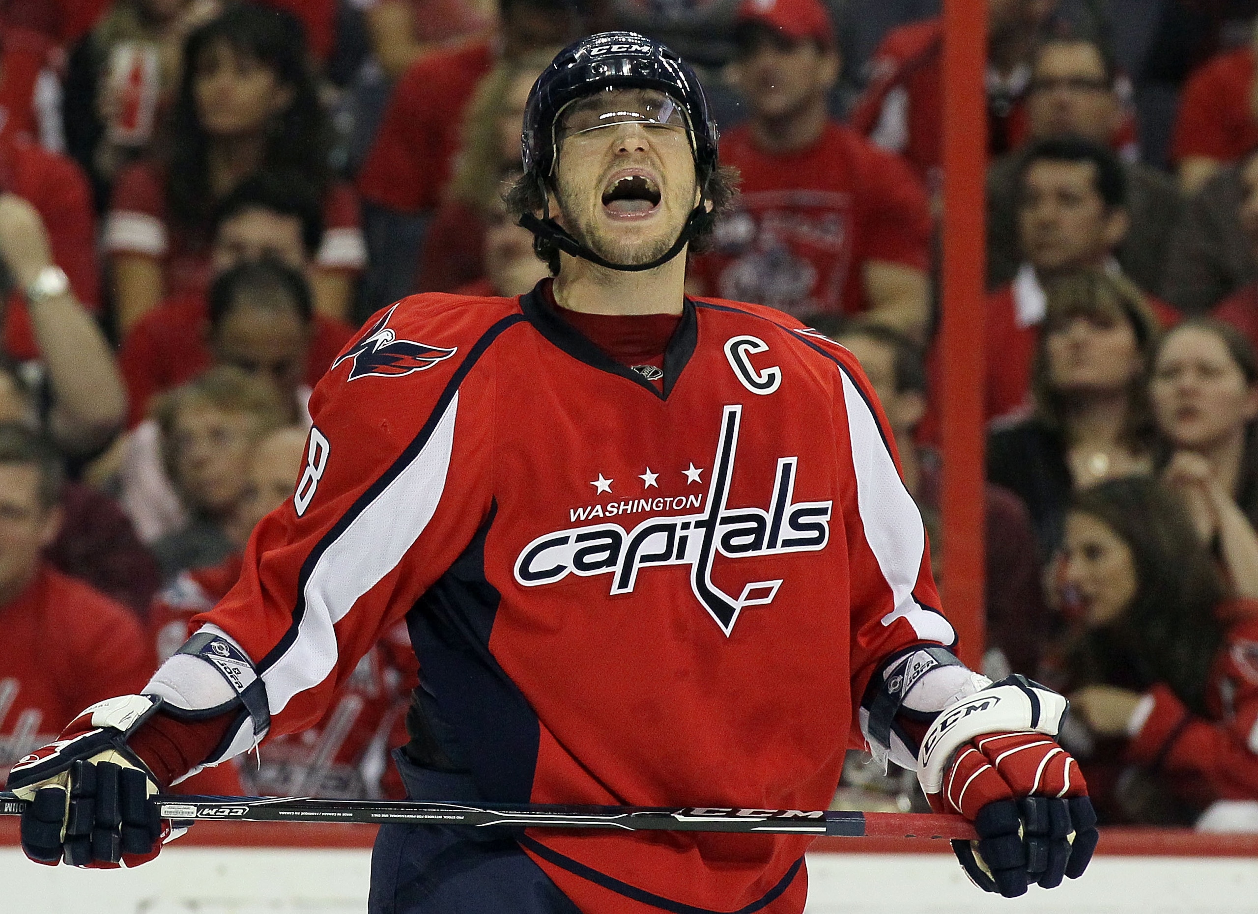 WASHINGTON DC, DC - APRIL 23: Alex Ovechkin #8 of the Washington Capitals reacts after missing a scoring chance in the third period against the Montreal Canadiens in Game Five of the Eastern Conference Quarterfinals during the 2010 NHL Stanley Cup Playoff
