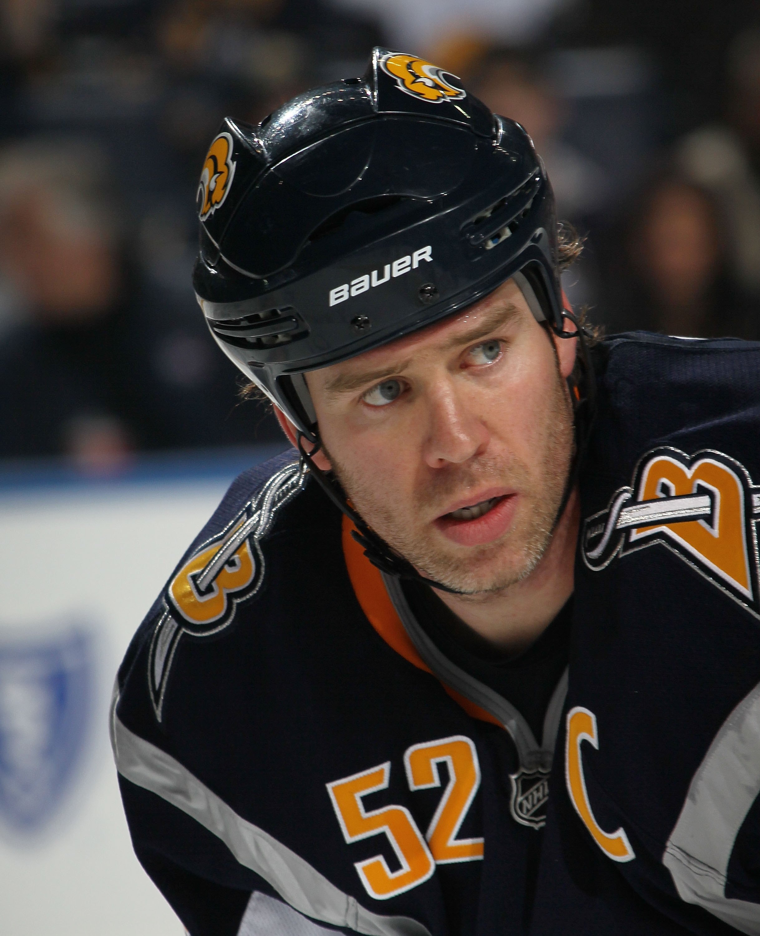 BUFFALO, NY - MARCH 10:  Craig Rivet #52 of the Buffalo Sabres skates against  the Dallas Stars at the HSBC Arena on March 10, 2010 in Buffalo, New York.  (Photo by Bruce Bennett/Getty Images)