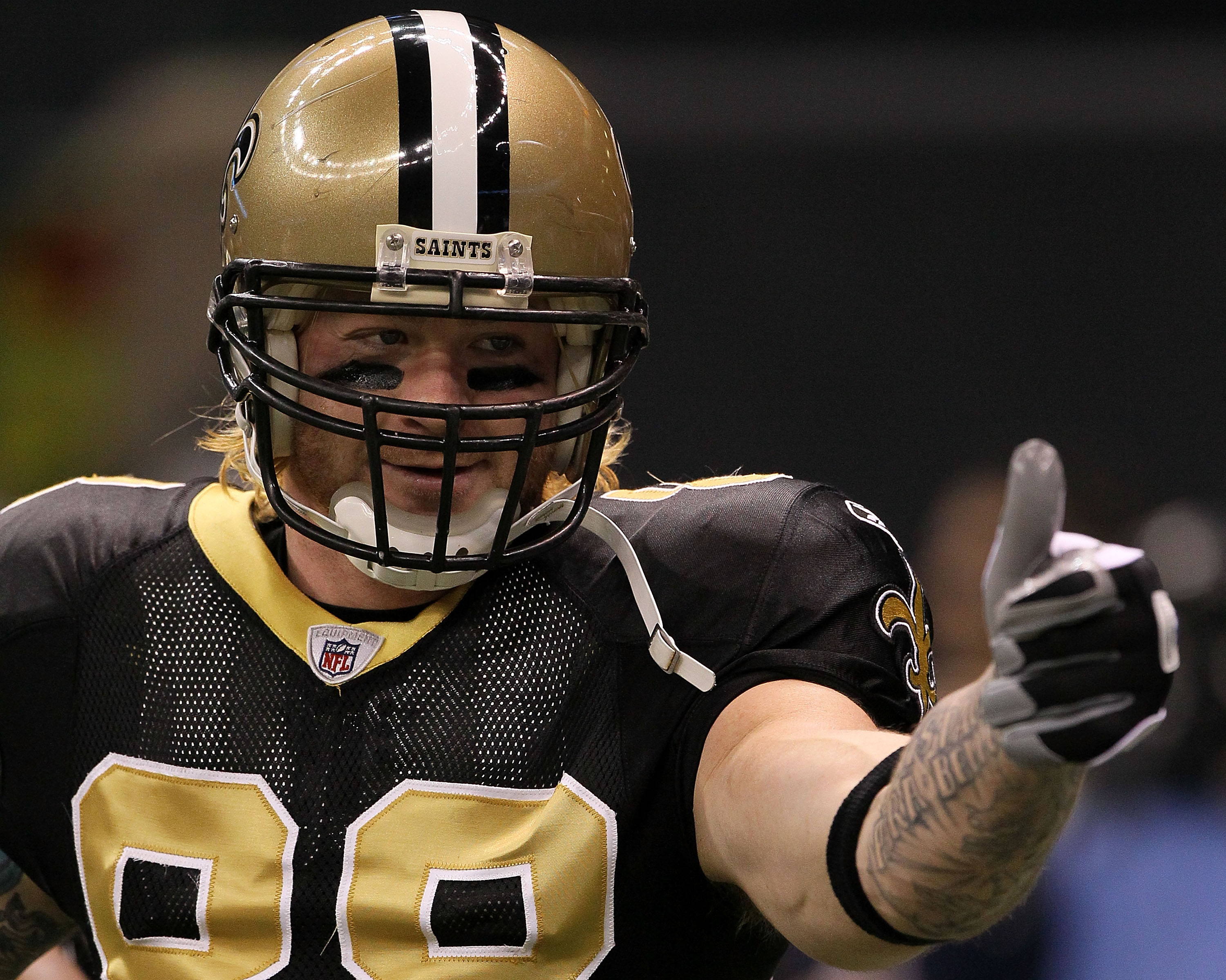NEW ORLEANS - JANUARY 24:  Jeremy Shockey #88 of the New Orleans Saints gestures during warm ups against the Minnesota Vikings during the NFC Championship Game at the Louisana Superdome on January 24, 2010 in New Orleans, Louisiana.  (Photo by Jed Jacobso