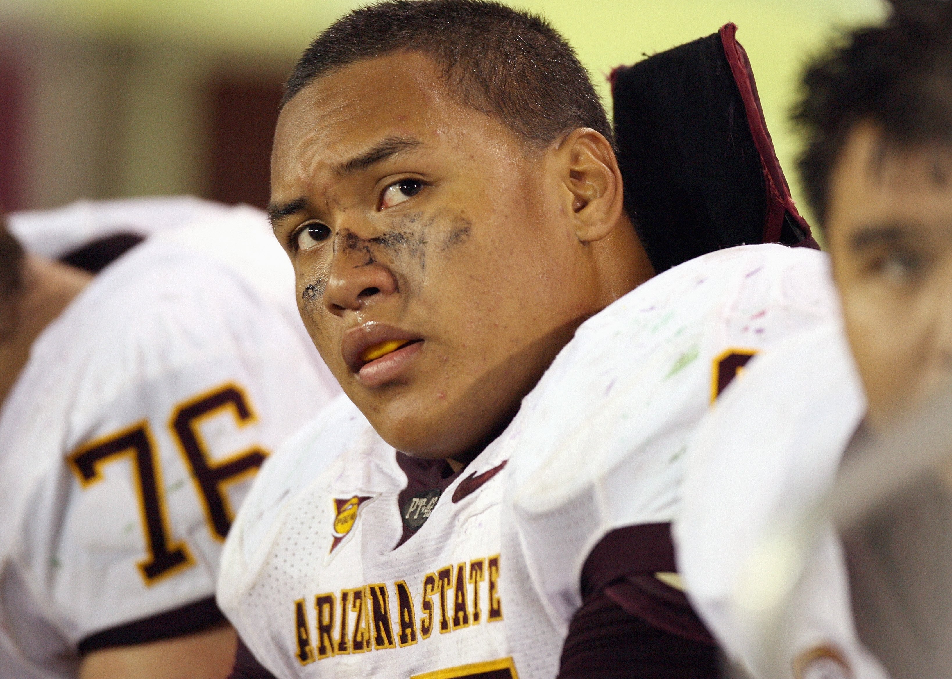 EUGENE, OR - NOVEMBER 03: Shawn Lauvao #67 of the Arizona State Sun Devils looks on from the sidelines during the game against the Oregon Ducks at Autzen Stadium on November 3, 2007 in Eugene, Oregon. The Ducks defeated the Sun Devils 35-23. (Photo by Ott