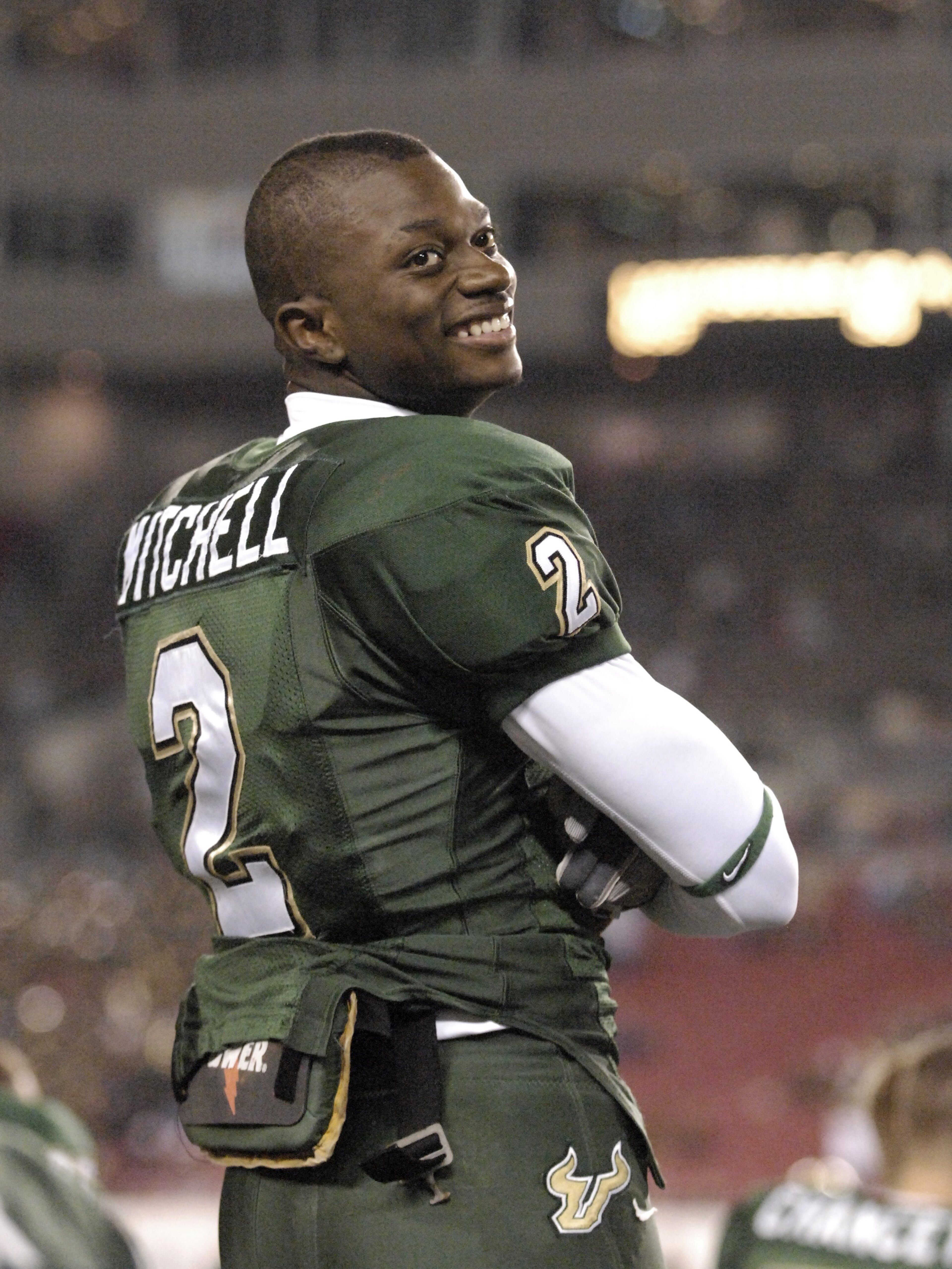 TAMPA, FL - NOVEMBER 17: Wide receiver Carlton Mitchell #2 of the University of South Florida Bulls watches play against the Louisville Cardinals at Raymond James Stadium on November 17, 2007 in Tampa, Florida.  South Florida won 55-17.  (Photo by Al Mess