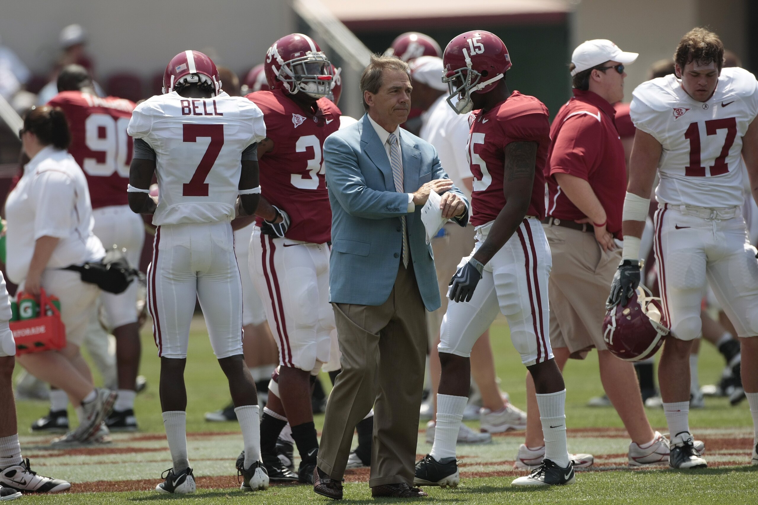 TUSCALOOSA, AL - APRIL 17:  Coach Nick Saban of the Alabama Crimson Tide watches during the Alabama spring game at Bryant Denny Stadium on April 17, 2010 in Tuscaloosa, Alabama. (Photo by Dave Martin/Getty Images)