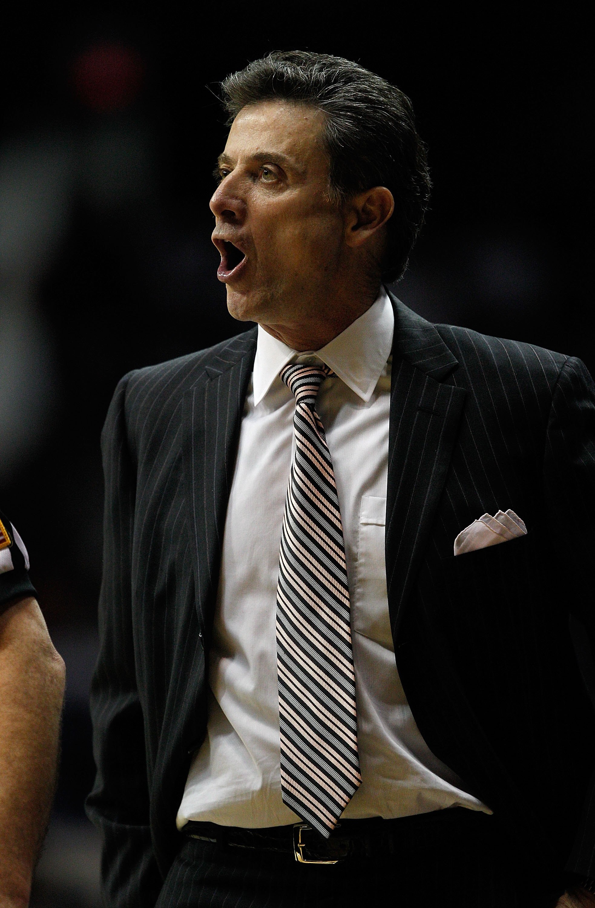 ROSEMONT, IL - FEBRUARY 20: Head coach Rick Pitino of the Louisville Cardinals gives instructions to his team during a game against the DePaul Blue Demons at the Allstate Arena on February 20, 2010 in Rosemont, Illinois. (Photo by Jonathan Daniel/Getty Im
