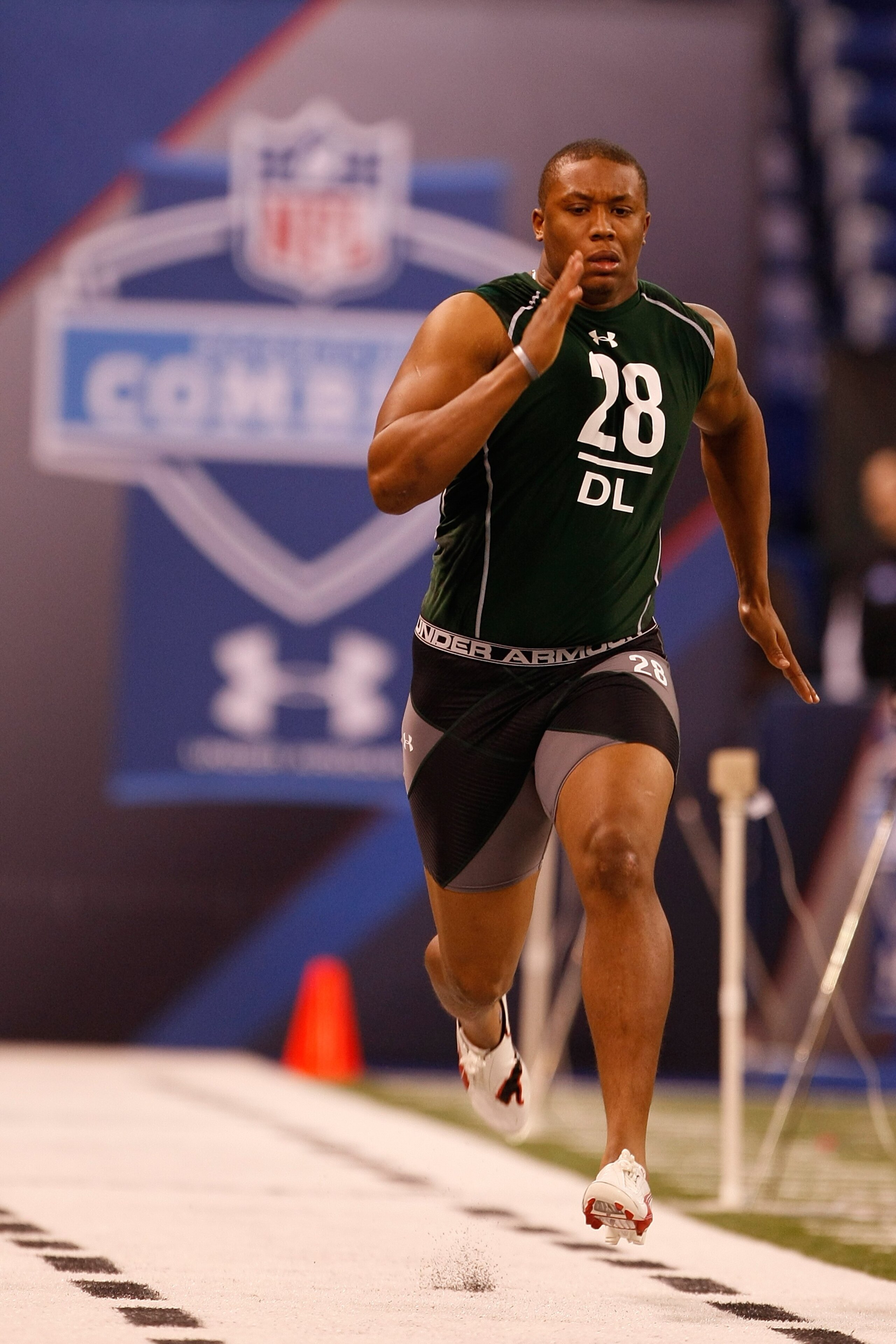 INDIANAPOLIS, IN - MARCH 1: Defensive lineman Brandon Lang of Troy runs the 40 yard dash during the NFL Scouting Combine presented by Under Armour at Lucas Oil Stadium on March 1, 2010 in Indianapolis, Indiana. (Photo by Scott Boehm/Getty Images)