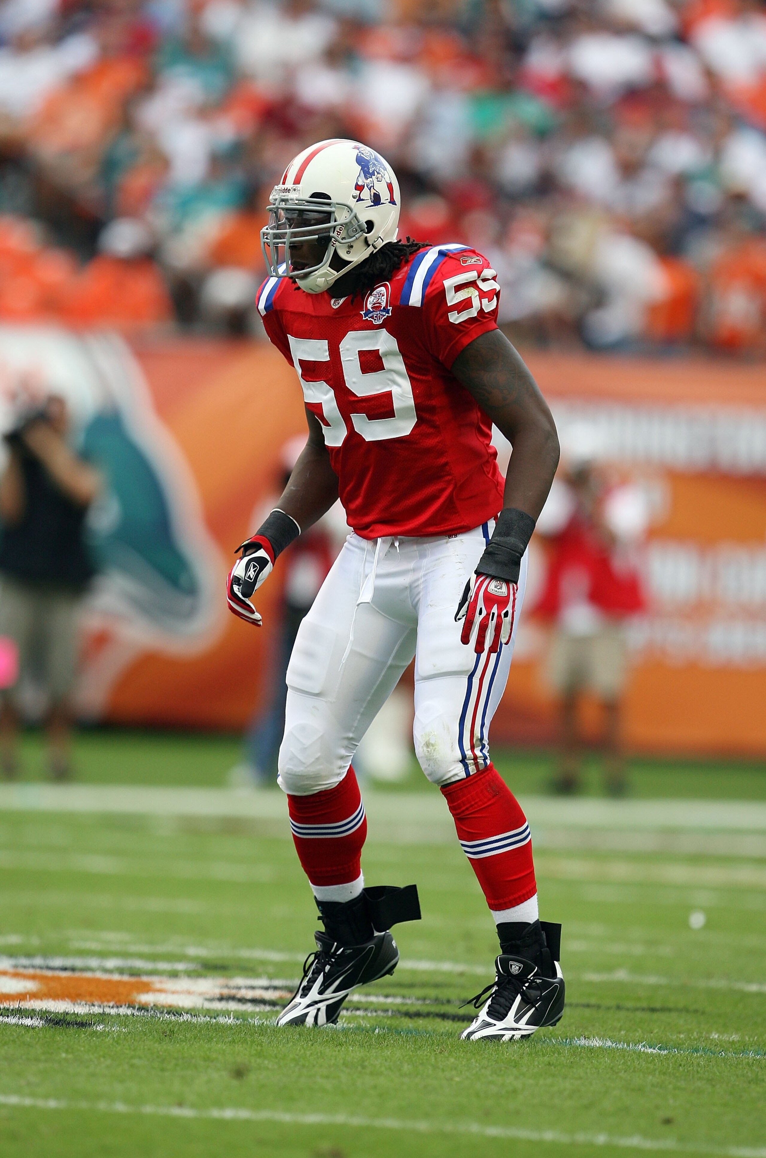 MIAMI - DECEMBER 06:  Linebacker Gary Guyton #59 of the New England Patriots drops back into coverage while taking on the Miami Dolphins at Land Shark Stadium on December 6, 2009 in Miami, Florida. The Dolphins defeated the Patriots 22-21.  (Photo by Doug