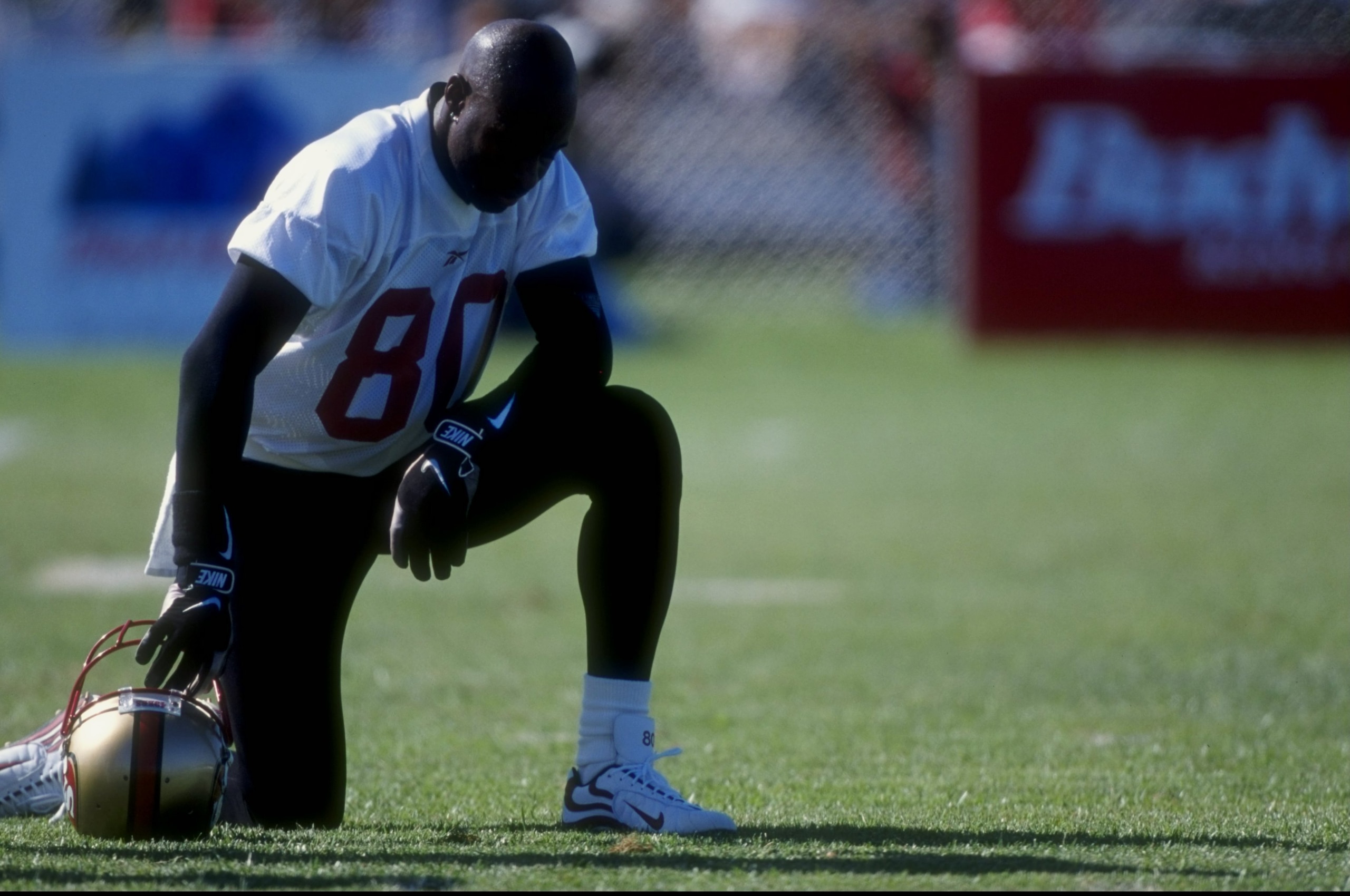 21 Jul 1998:  Wide receiver Jerry Rice #80 of the San Francisco 49ers looks on during the 1998 San Francisco 49ers Training Camp at the University of the Pacific in Stockton, California. Mandatory Credit: Jed Jacobsohn  /Allsport