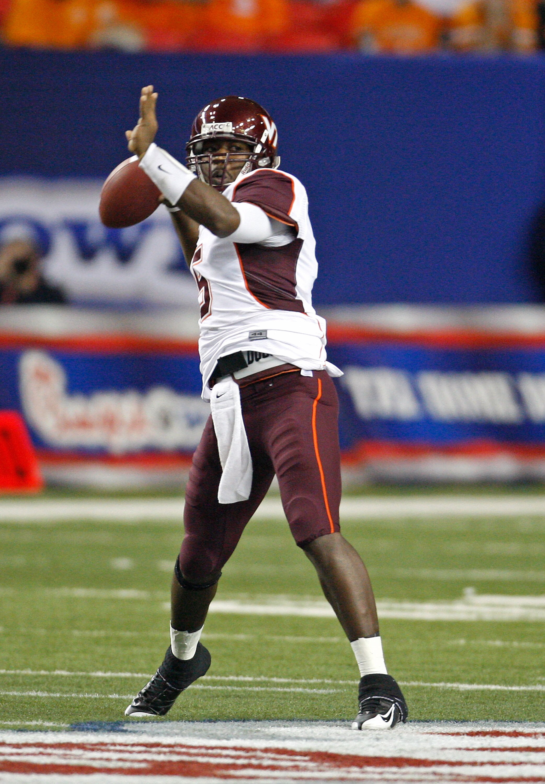 ATLANTA - DECEMBER 31:  Quarterback Tyrod Taylor #5 of the Virginia Tech Hokies throws a pass during the Chick-Fil-A Bowl against the Tennessee Volunteers at the Georgia Dome on December 31, 2009 in Atlanta, Georgia.  The Hokies beat the Volunteers 37-14.