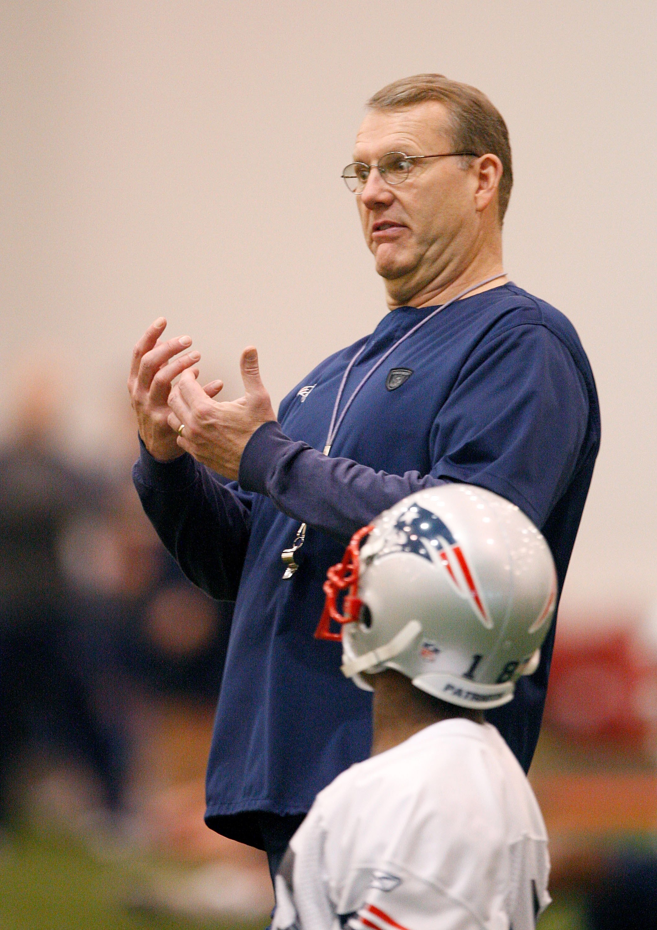FOXBOROUGH, MA - MAY 2: Special Teams coach Brad Seely offers instruction to fifth-round draft selection Matt Slater during the New England Patriots Rookie Mini Camp on May 2, 2008 in Foxborough, Massachusetts.  (Photo by Jim Rogash/Getty Images)