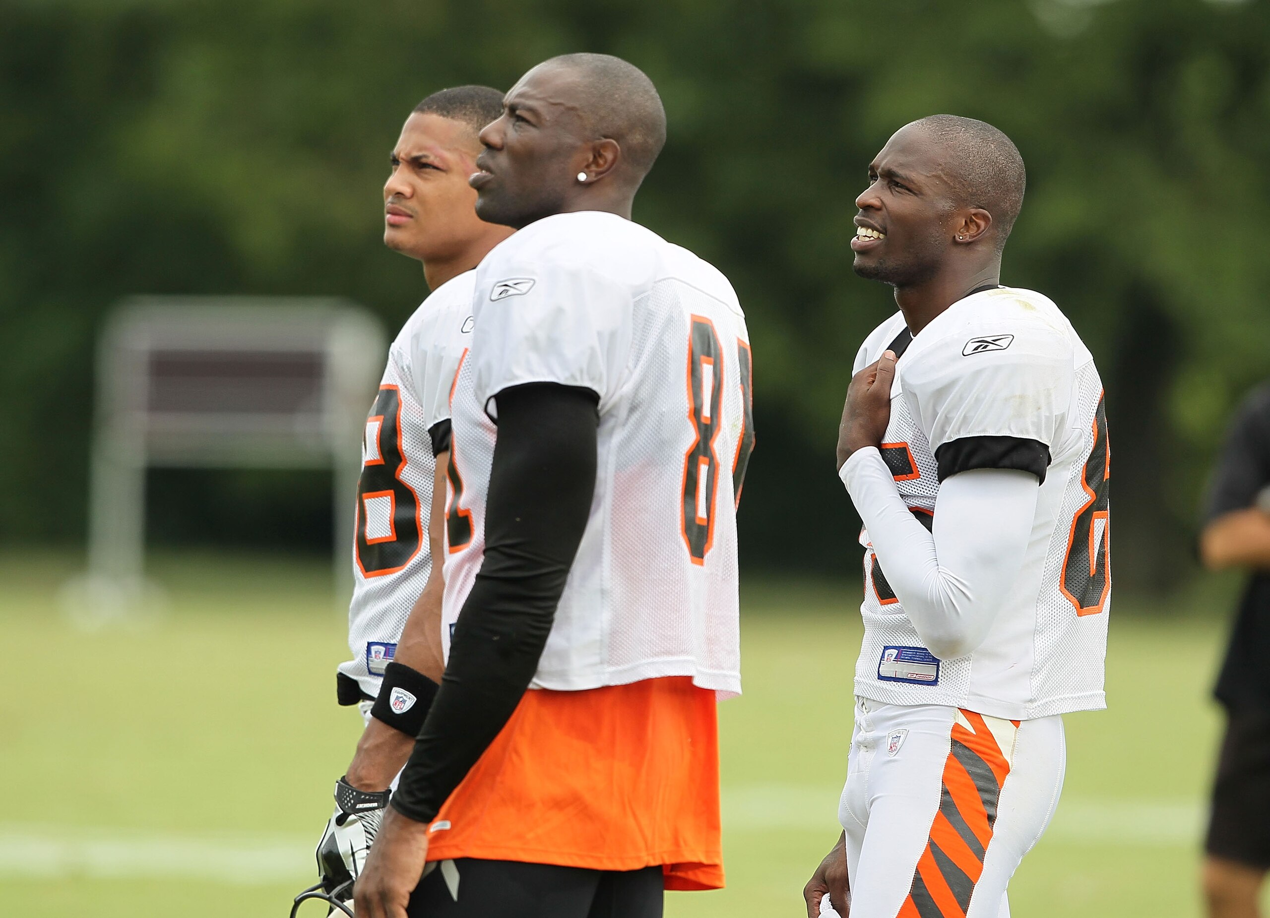 GEORGETOWN, KY - JULY 31:  Chad Ochocinco (right) #85 and Terrell Owens (middle) #81 and Dezmon Briscoe #88 (left) of the Cincinnati Bengals are pictured during the Bengals training camp at Georgetown College on July 31, 2010 in Georgetown, Kentucky.  (Ph