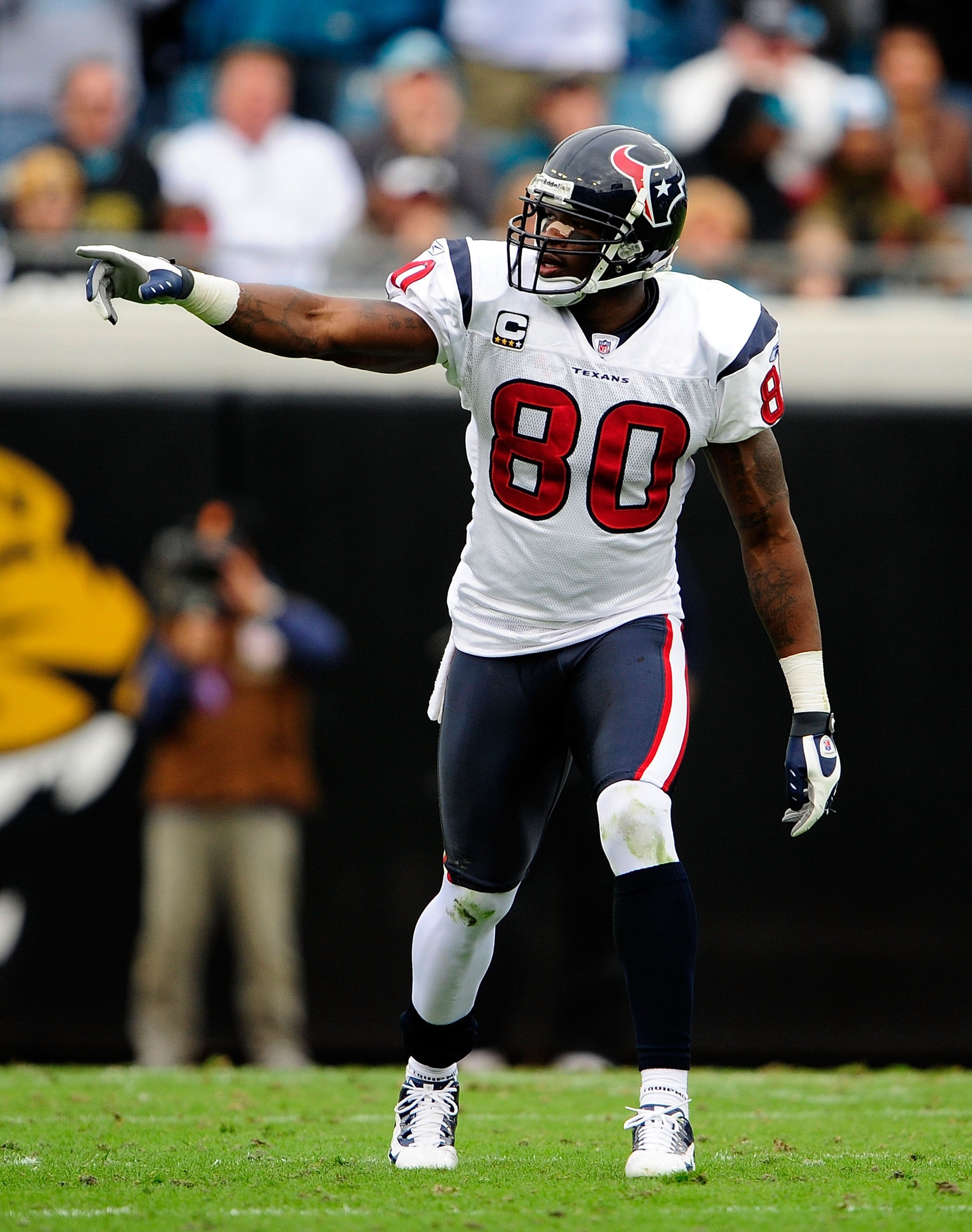 JACKSONVILLE, FL - DECEMBER 06:  Andre Johnson #80 of the Houston Texans points during the game against the Jacksonville Jaguars at Jacksonville Municipal Stadium on December 6, 2009 in Jacksonville, Florida.  (Photo by Sam Greenwood/Getty Images)