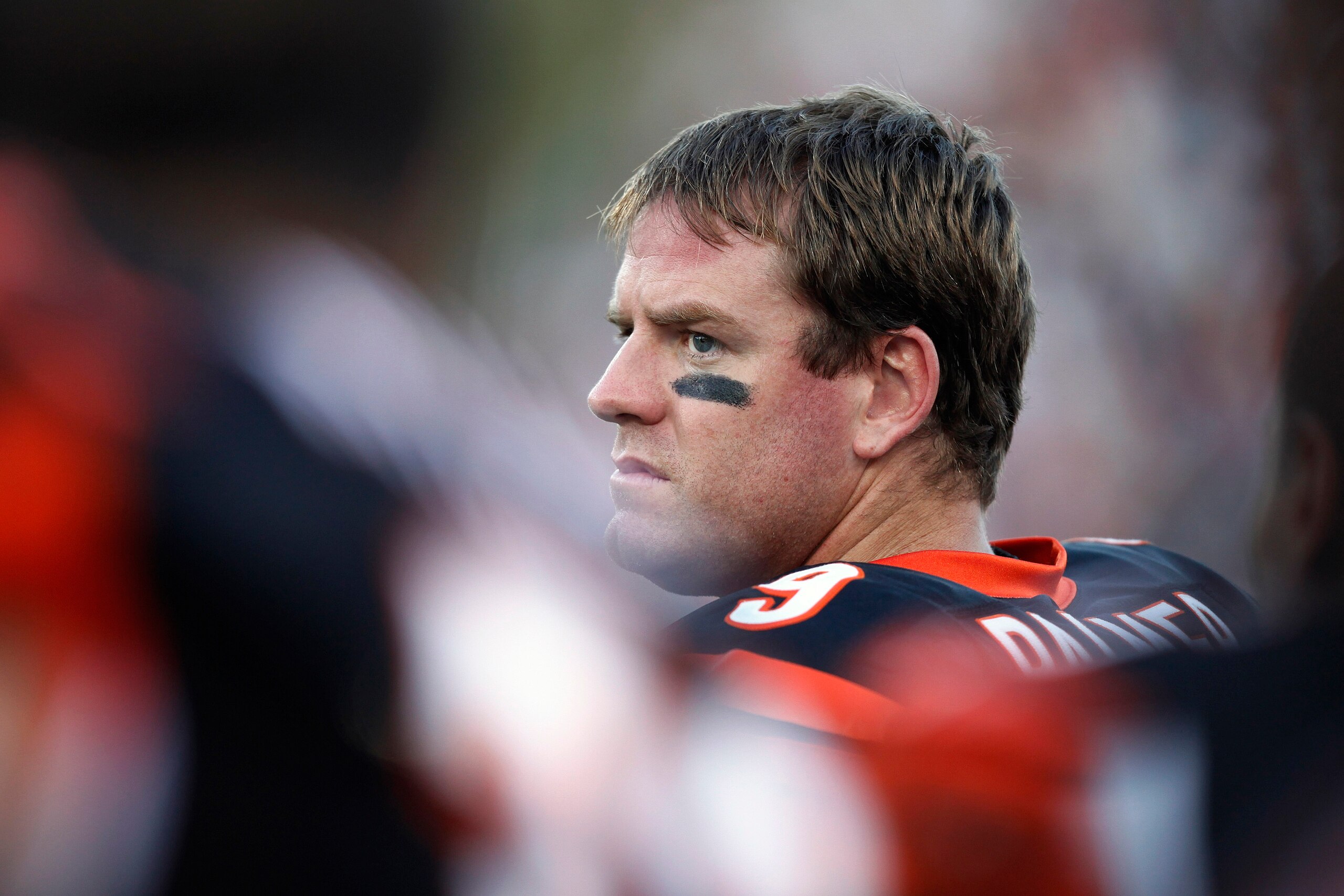 CANTON, OH - AUGUST 8: Carson Palmer #9 of the Cincinnati Bengals looks on against the Dallas Cowboys during the 2010 Pro Football Hall of Fame Game at the Pro Football Hall of Fame Field at Fawcett Stadium on August 8, 2010 in Canton, Ohio. (Photo by Joe