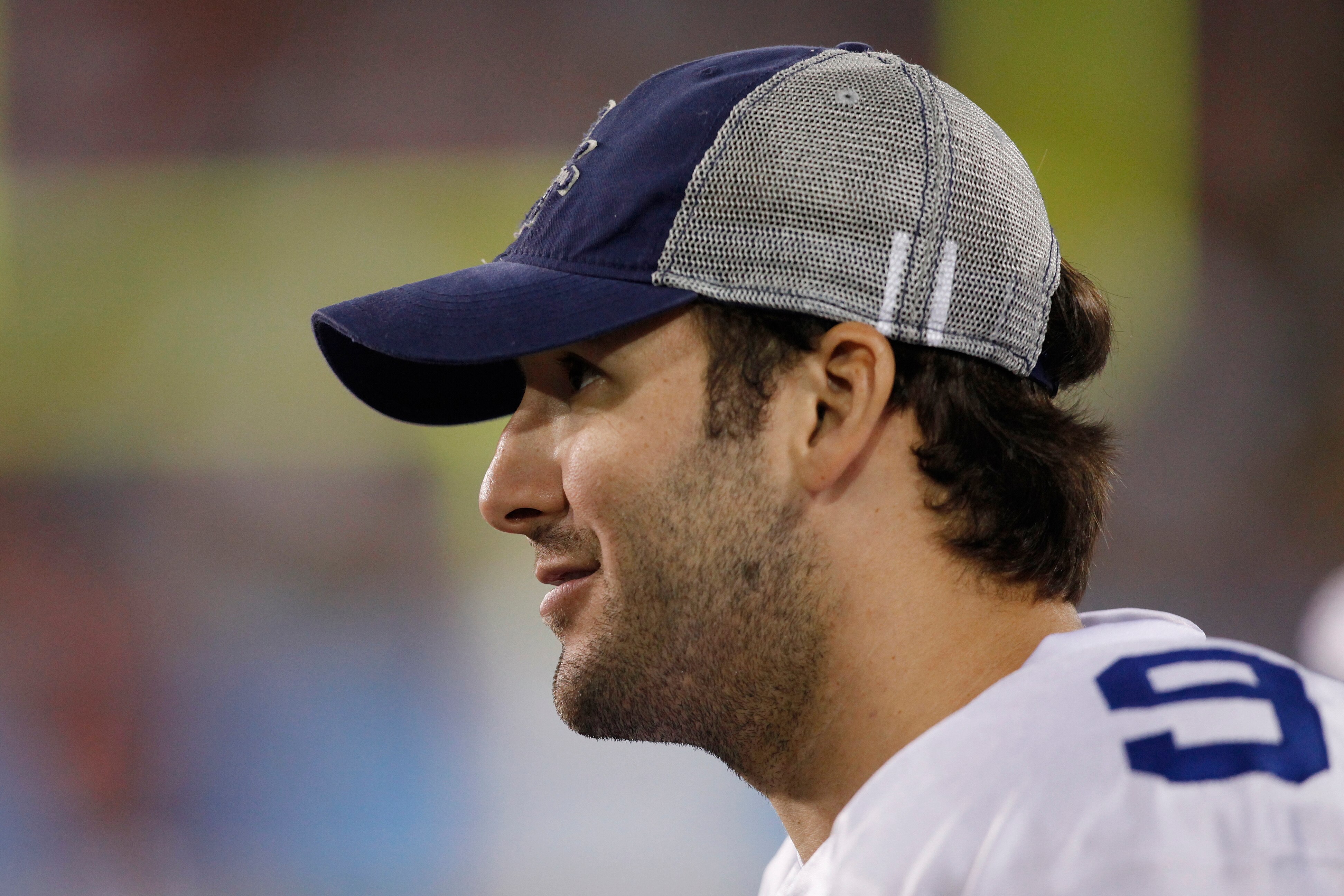 CANTON, OH - AUGUST 8: Tony Romo #9 of the Dallas Cowboys looks on against the Cincinnati Bengals during the 2010 Pro Football Hall of Fame Game at the Pro Football Hall of Fame Field at Fawcett Stadium on August 8, 2010 in Canton, Ohio. The Cowboys defea