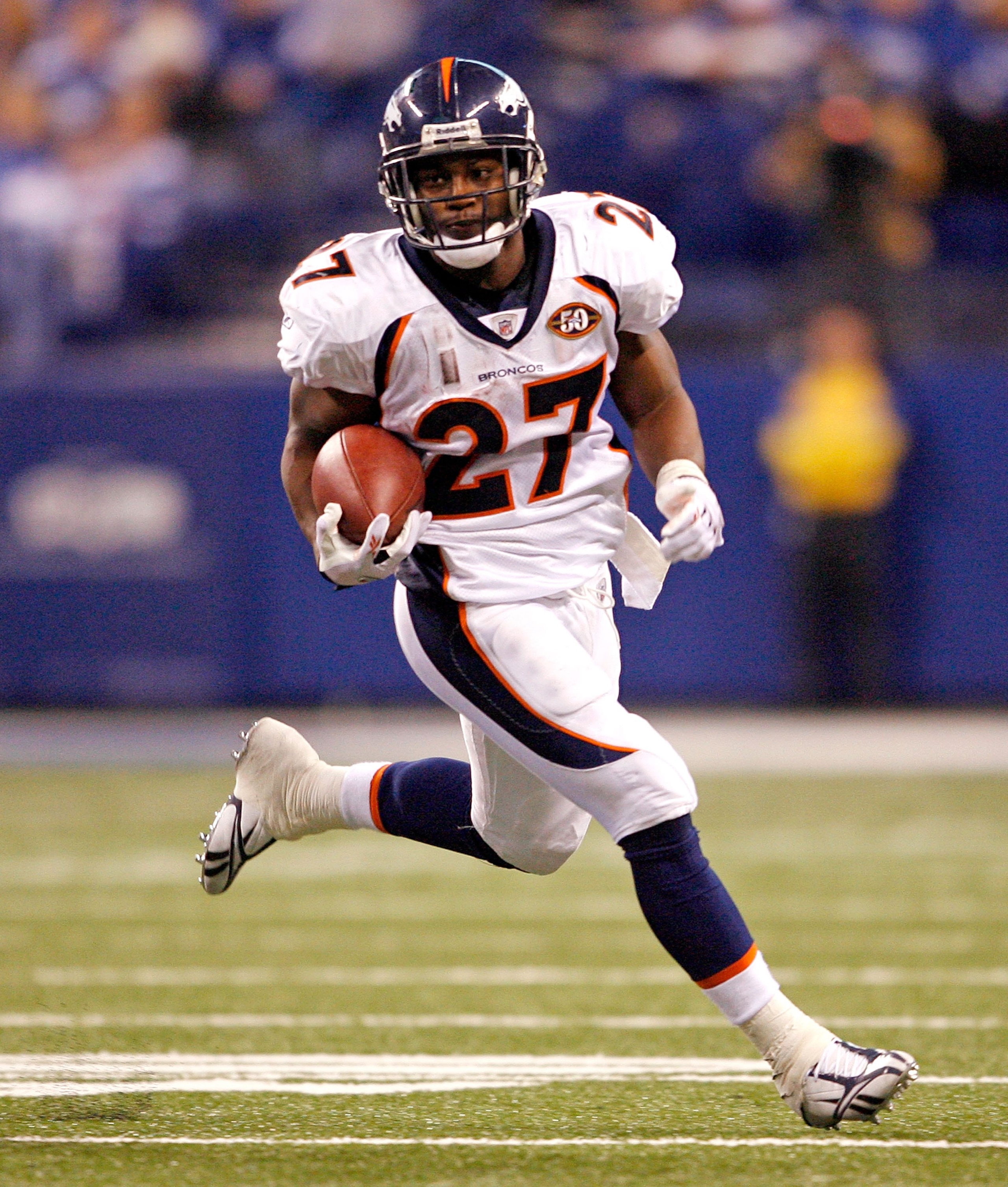 INDIANAPOLIS - DECEMBER 13:  Knowshon Moreno #27 of the Denver Broncos runs with the ball during the NFL game against the Indianapolis Colts at Lucas Oil Stadium on December 13, 2009 in Indianapolis, Indiana.  The Colts won 28-16.  (Photo by Andy Lyons/Ge