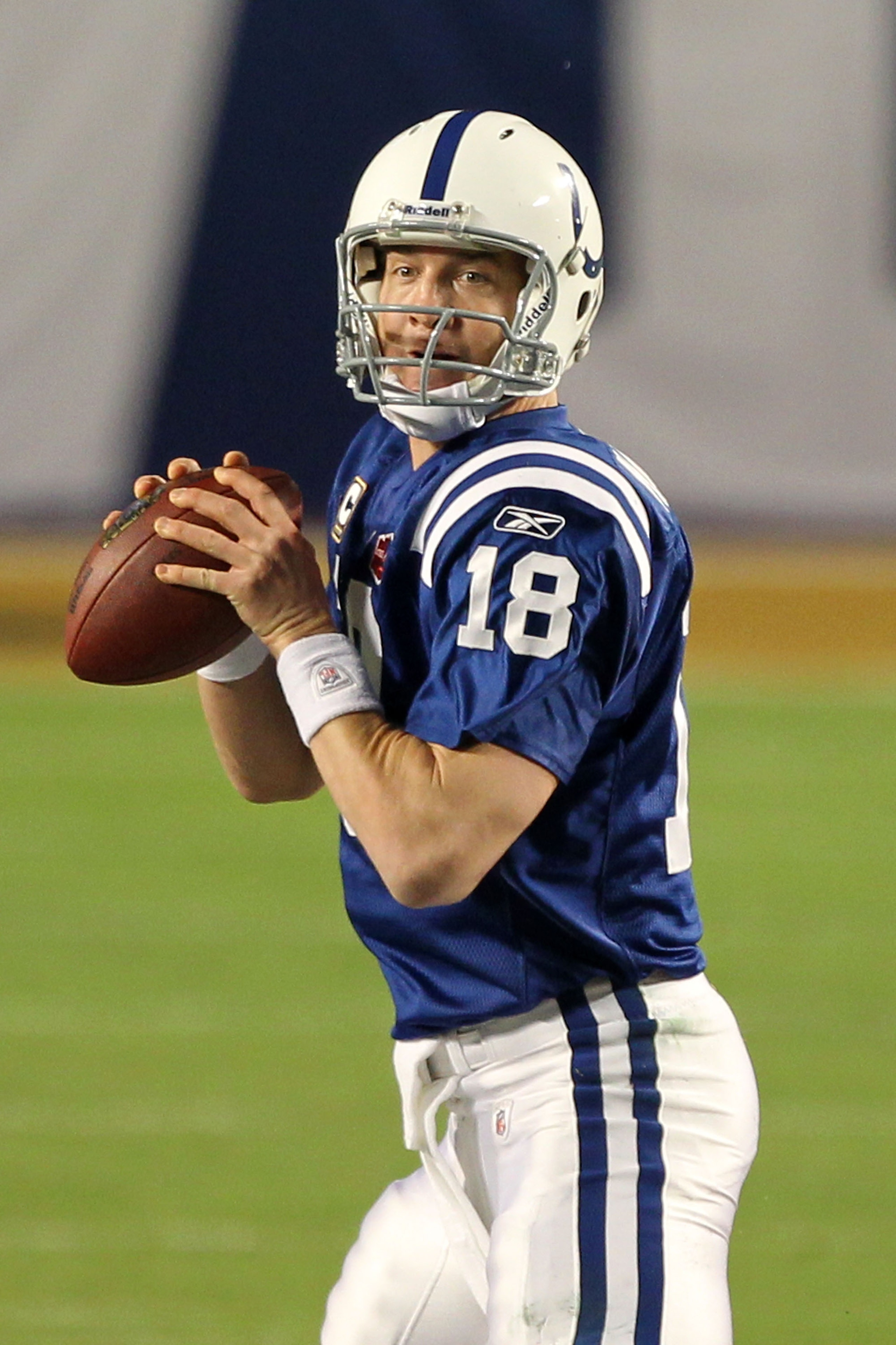 MIAMI GARDENS, FL - FEBRUARY 07: Quarterback Peyton Manning #18 of the Indianapolis Colts drops back to pass against the New Orleans Saints during Super Bowl XLIV on February 7, 2010 at Sun Life Stadium in Miami Gardens, Florida. (Photo by Ezra Shaw/Get MIAMI GARDENS, FL - FEBRUARY 07: Quarterback Peyton Manning #18 of the Indianapolis Colts drops back to pass against the New Orleans Saints during Super Bowl XLIV on February 7, 2010 at Sun Life Stadium in Miami Gardens, Florida. (Photo by Ezra Shaw/Get