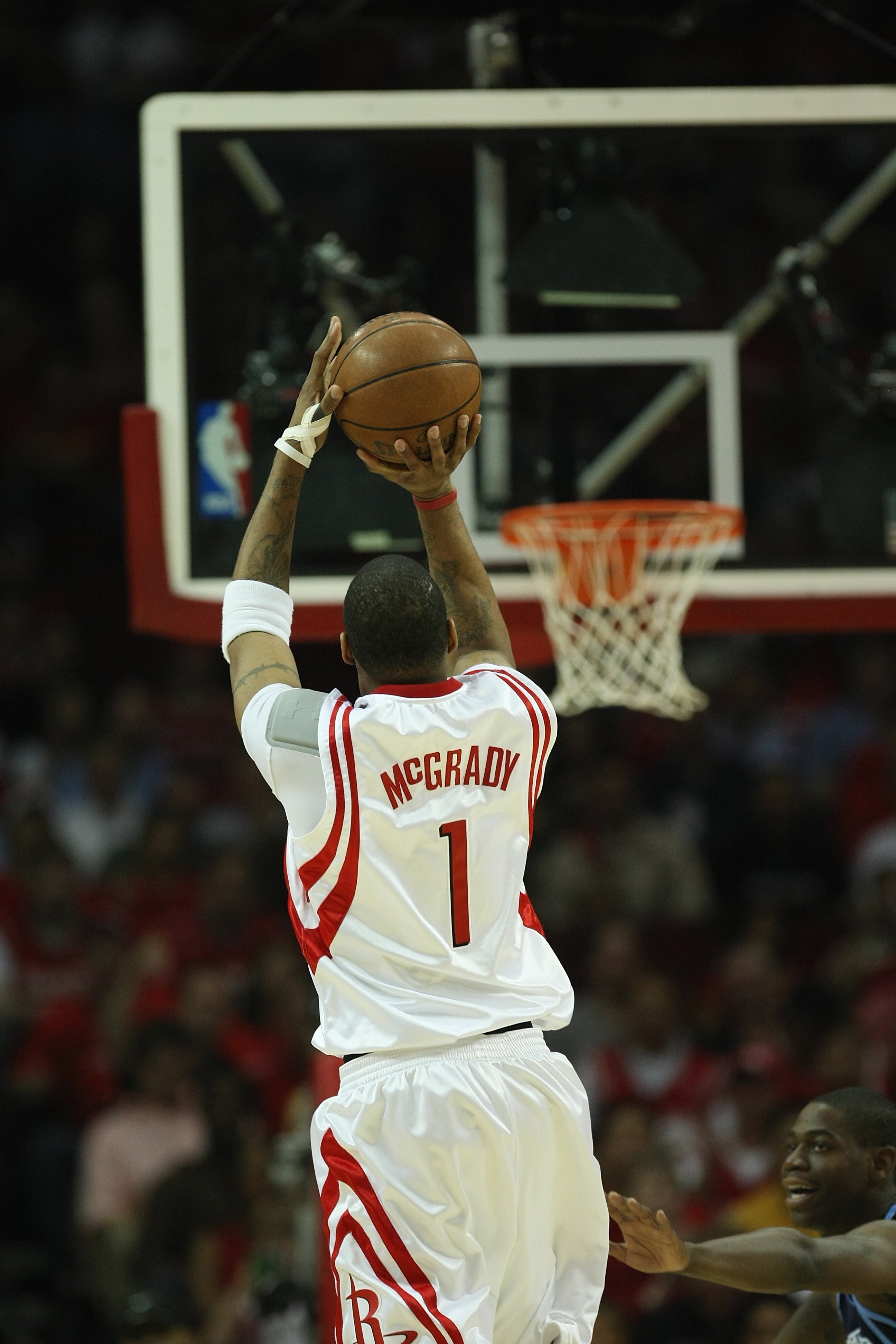 HOUSTON - APRIL 21:  Tracy McGrady #1 of the Houston Rockets takes a jump shot against the Utah Jazz in Game Two of the Western Conference Quarterfinals during the 2008 NBA Playoffs at the Toyota Center on April 21, 2008 in Houston, Texas.  The Jazz won 9