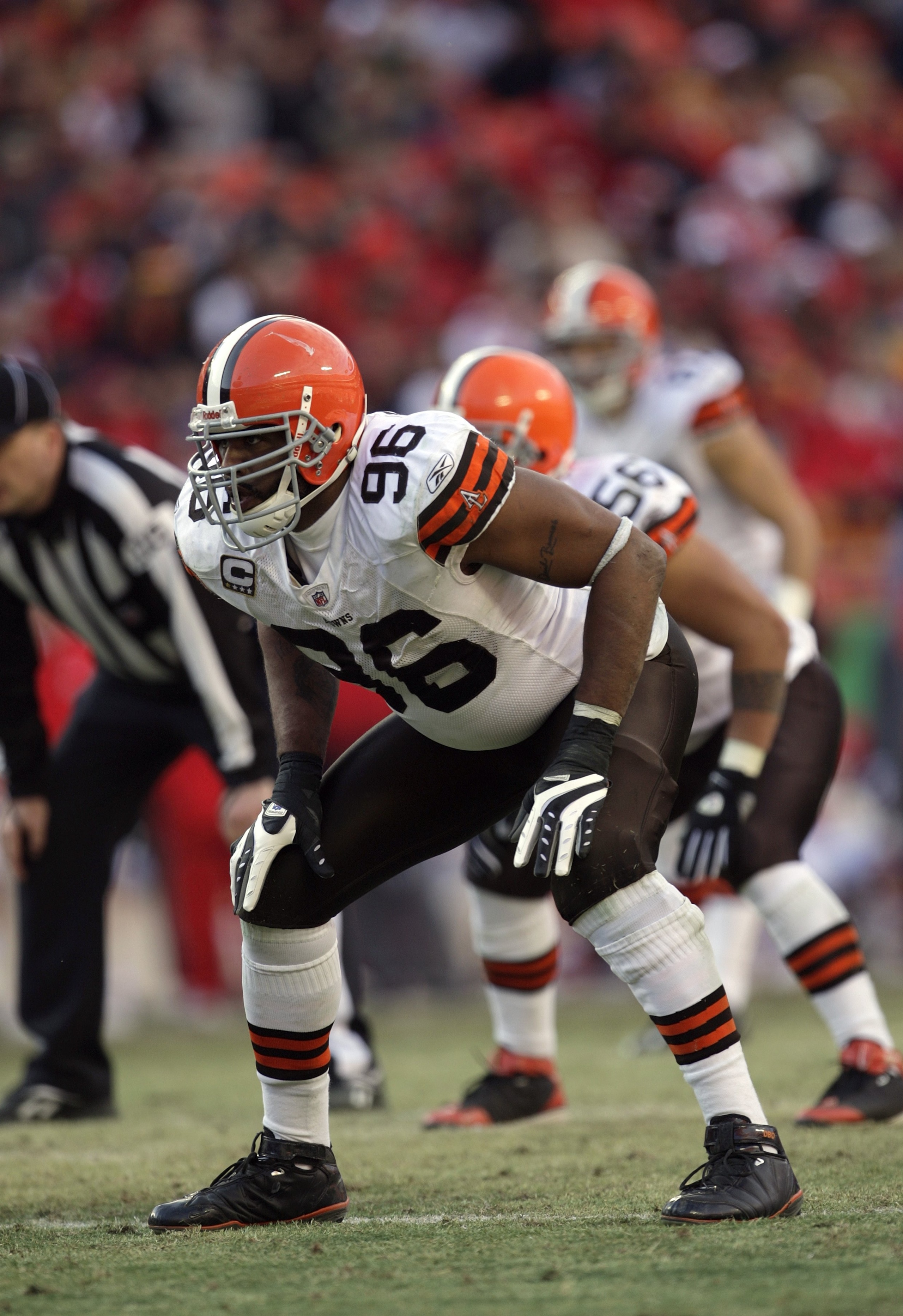 KANSAS CITY, MO - DECEMBER 20:  David Bowens #96 of the Cleveland Browns gets in his defensive position during their NFL game against the Kansas City Chiefs on December 20, 2009 at Arrowhead Stadium in Kansas City, Missouri. The Browns defeated the Chiefs