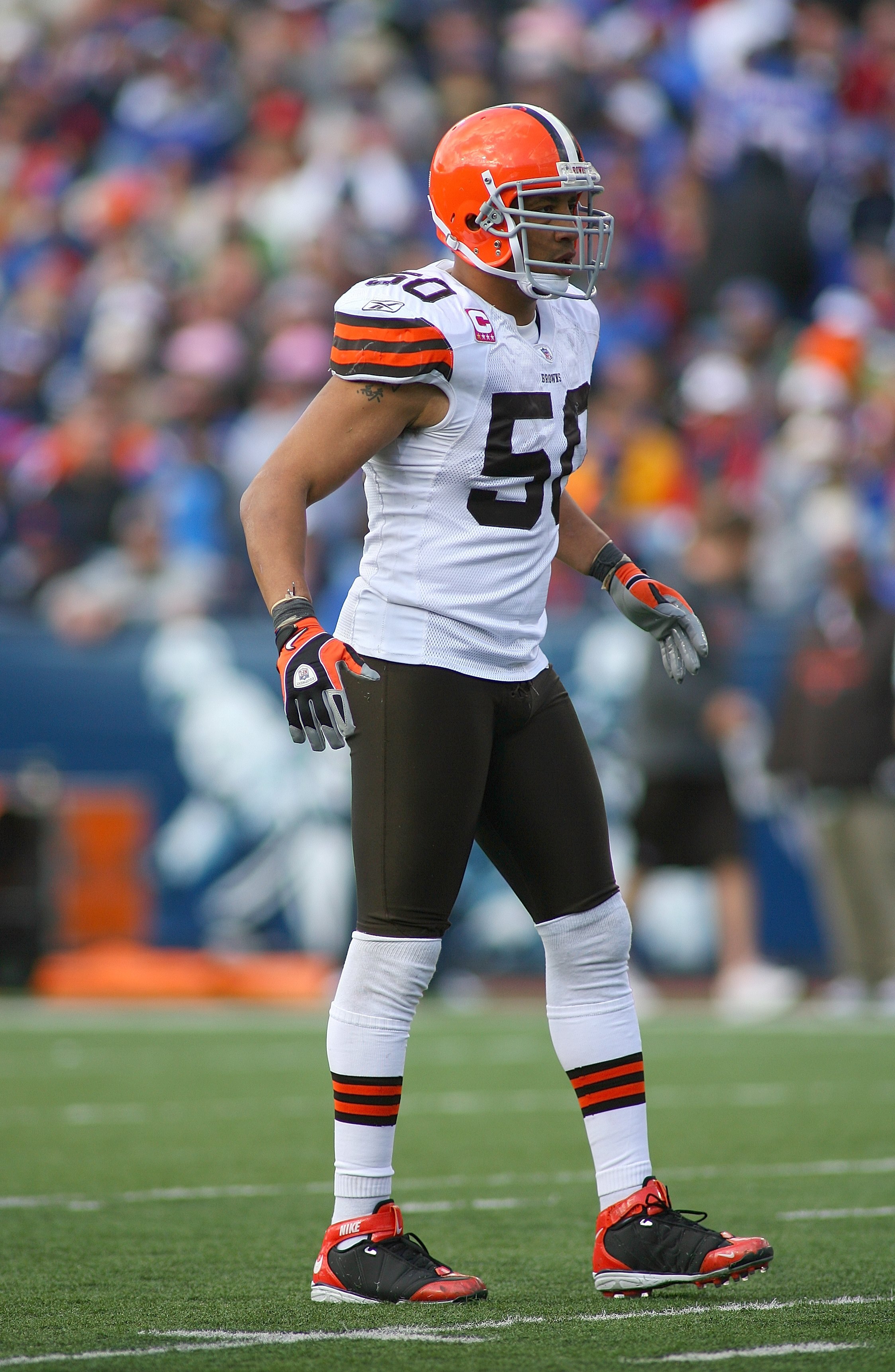 ORCHARD PARK, NY - OCTOBER 11:  Eric Barton #50 of the Cleveland Browns looks on during a break in NFL game action against the Buffalo Bills at Ralph Wilson Stadium on October 11, 2009 in Orchard Park, New York. The Browns defeated the Bills 6-3. (Photo b