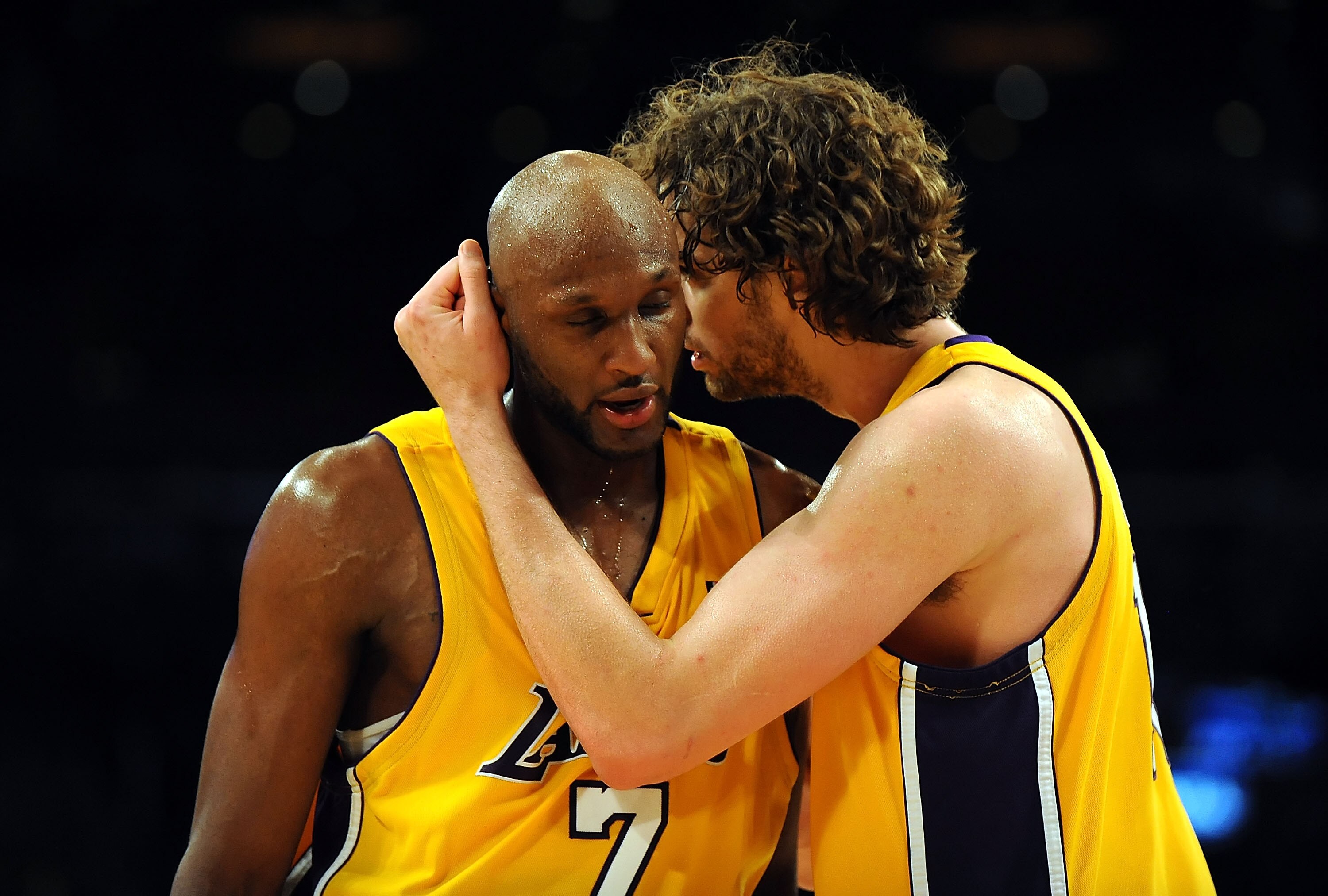 LOS ANGELES, CA - MAY 27:  (L-R) Lamar Odom #7 and Pau Gasol #16 of the Los Angeles Lakers hug in the fourth quarter against the Denver Nuggets in Game Five of the Western Conference Finals during the 2009 NBA Playoffs at Staples Center on May 27, 2009 in