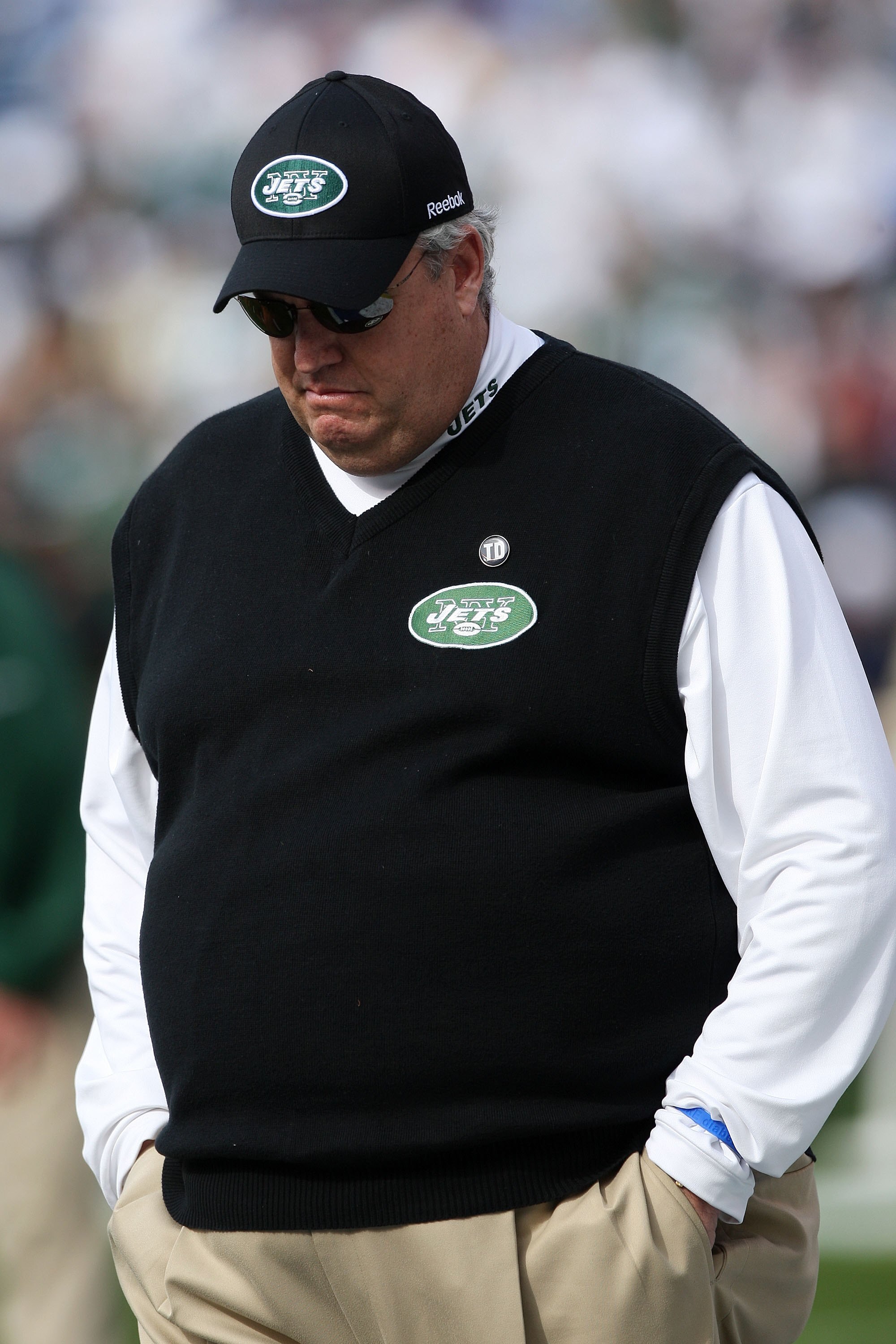 SAN DIEGO - JANUARY 17:  Head coach Rex Ryan of the New York Jets stands on the field during the AFC Divisional Playoff Game against the San Diego Chargers at Qualcomm Stadium on January 17, 2010 in San Diego, California.  (Photo by Donald Miralle/Getty I