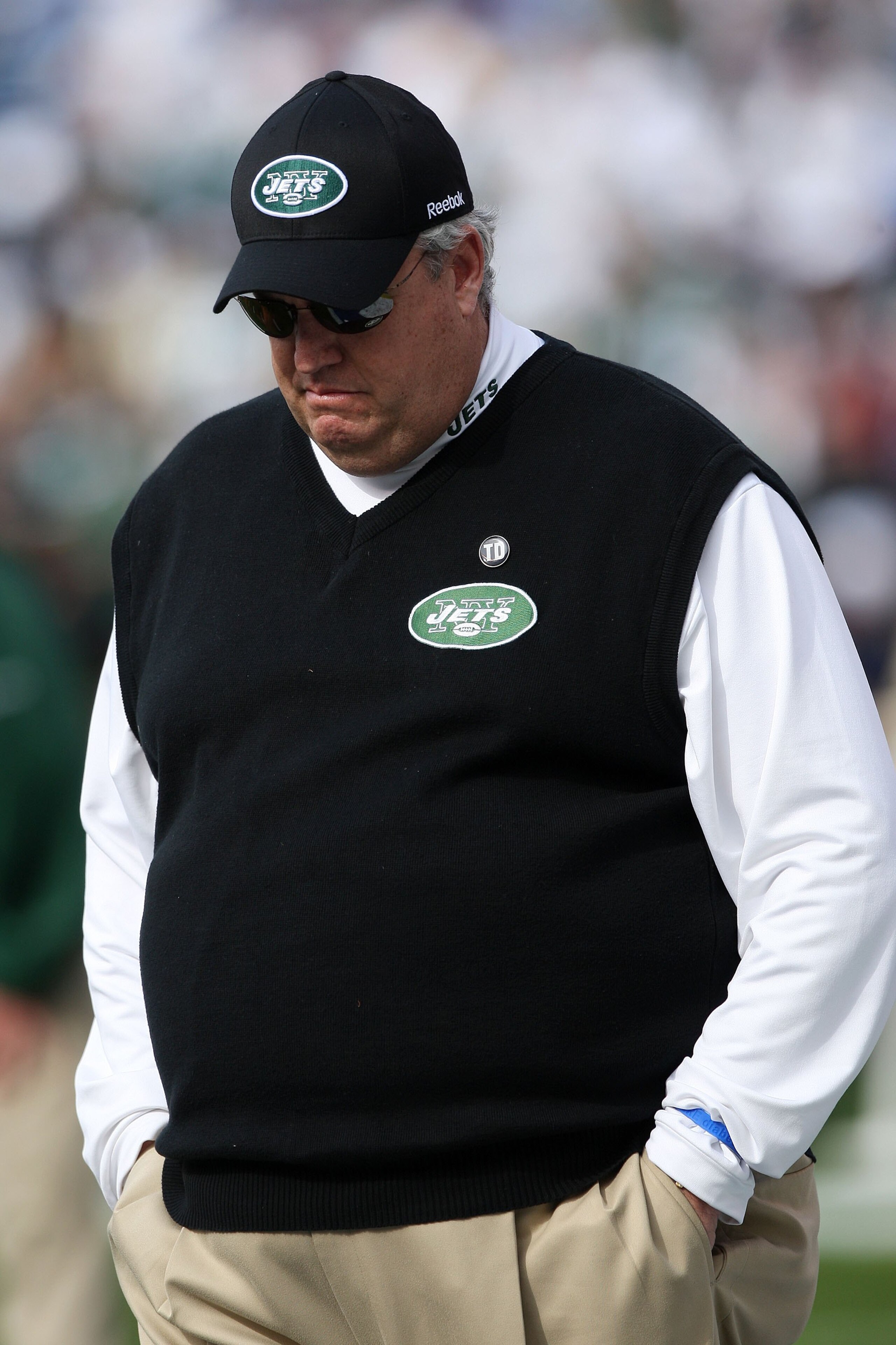 SAN DIEGO - JANUARY 17:  Head coach Rex Ryan of the New York Jets stands on the field during the AFC Divisional Playoff Game against the San Diego Chargers at Qualcomm Stadium on January 17, 2010 in San Diego, California.  (Photo by Donald Miralle/Getty I
