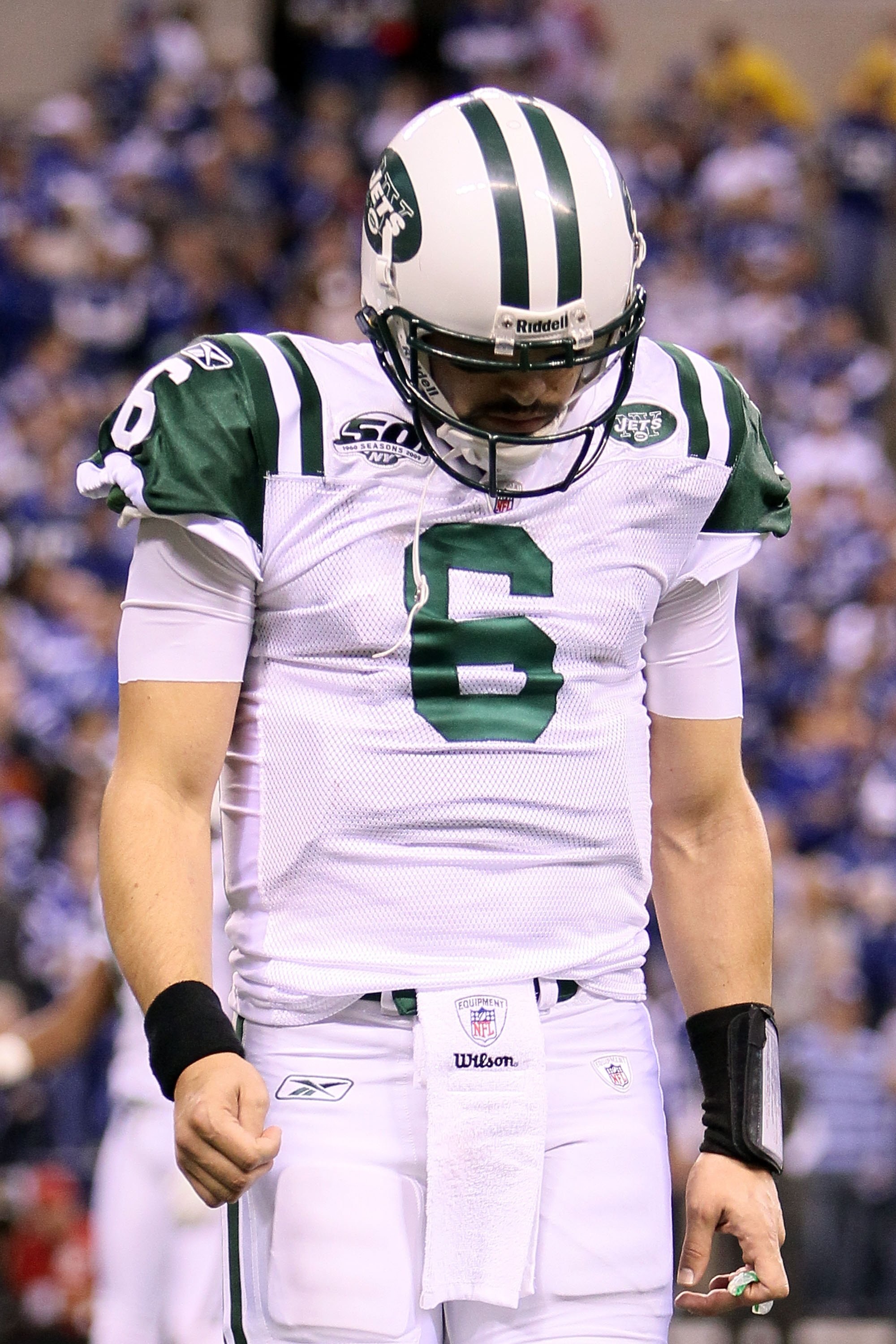 INDIANAPOLIS - JANUARY 24:  Quarterback Mark Sanchez #6 of the New York Jets reacts in the second half against the Indianapolis Colts during the AFC Championship Game at Lucas Oil Stadium on January 24, 2010 in Indianapolis, Indiana. The Colts defeated th