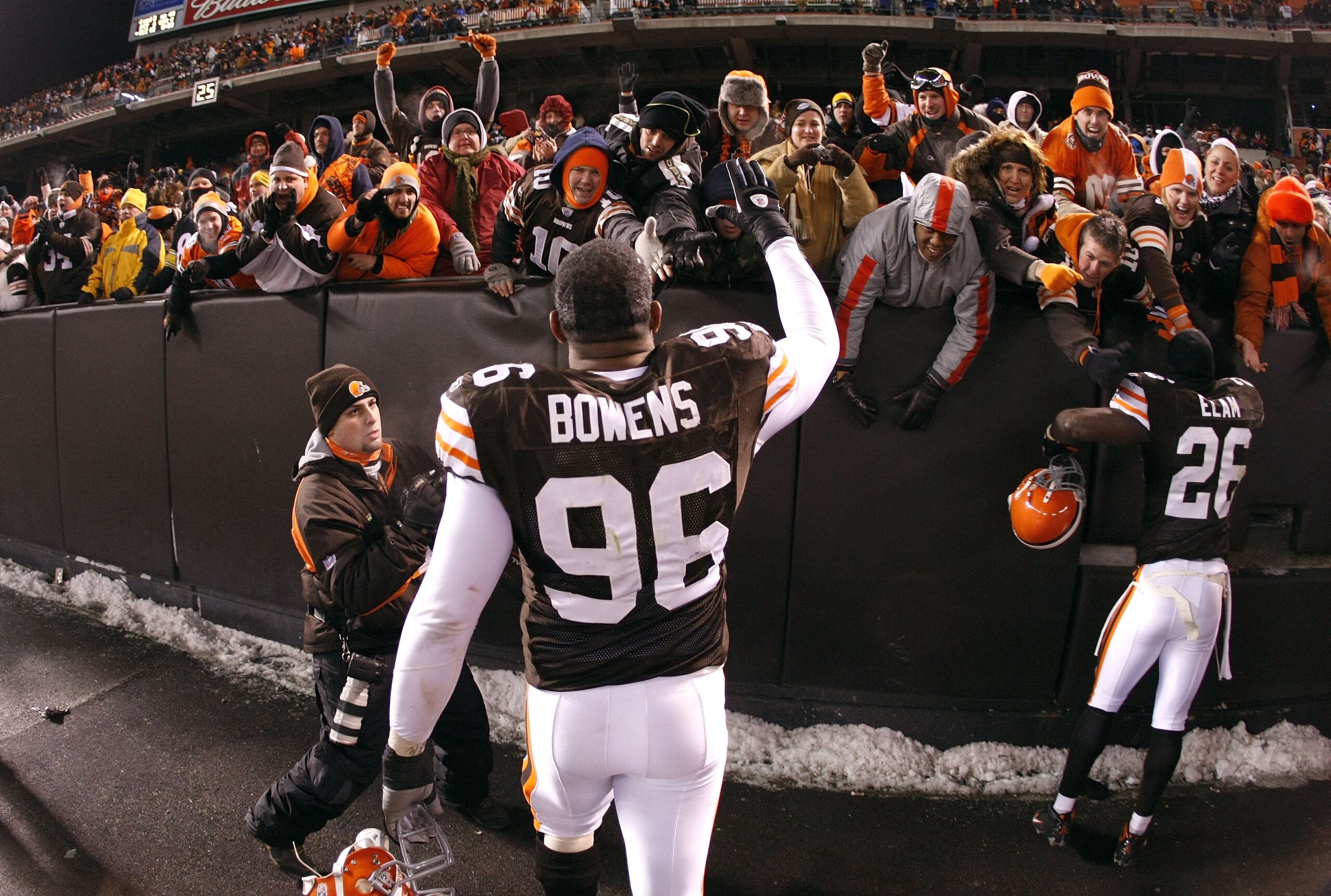 CLEVELAND - DECEMBER 10: David Bowens #96 of the Cleveland Browns celebrates with fans after beating the Pittsburgh Steelers 13-6 on December 10, 2009 at Cleveland Browns Stadium in Cleveland, Ohio. (Photo by Gregory Shamus/Getty Images) CLEVELAND - DECEMBER 10: David Bowens #96 of the Cleveland Browns celebrates with fans after beating the Pittsburgh Steelers 13-6 on December 10, 2009 at Cleveland Browns Stadium in Cleveland, Ohio. (Photo by Gregory Shamus/Getty Images)