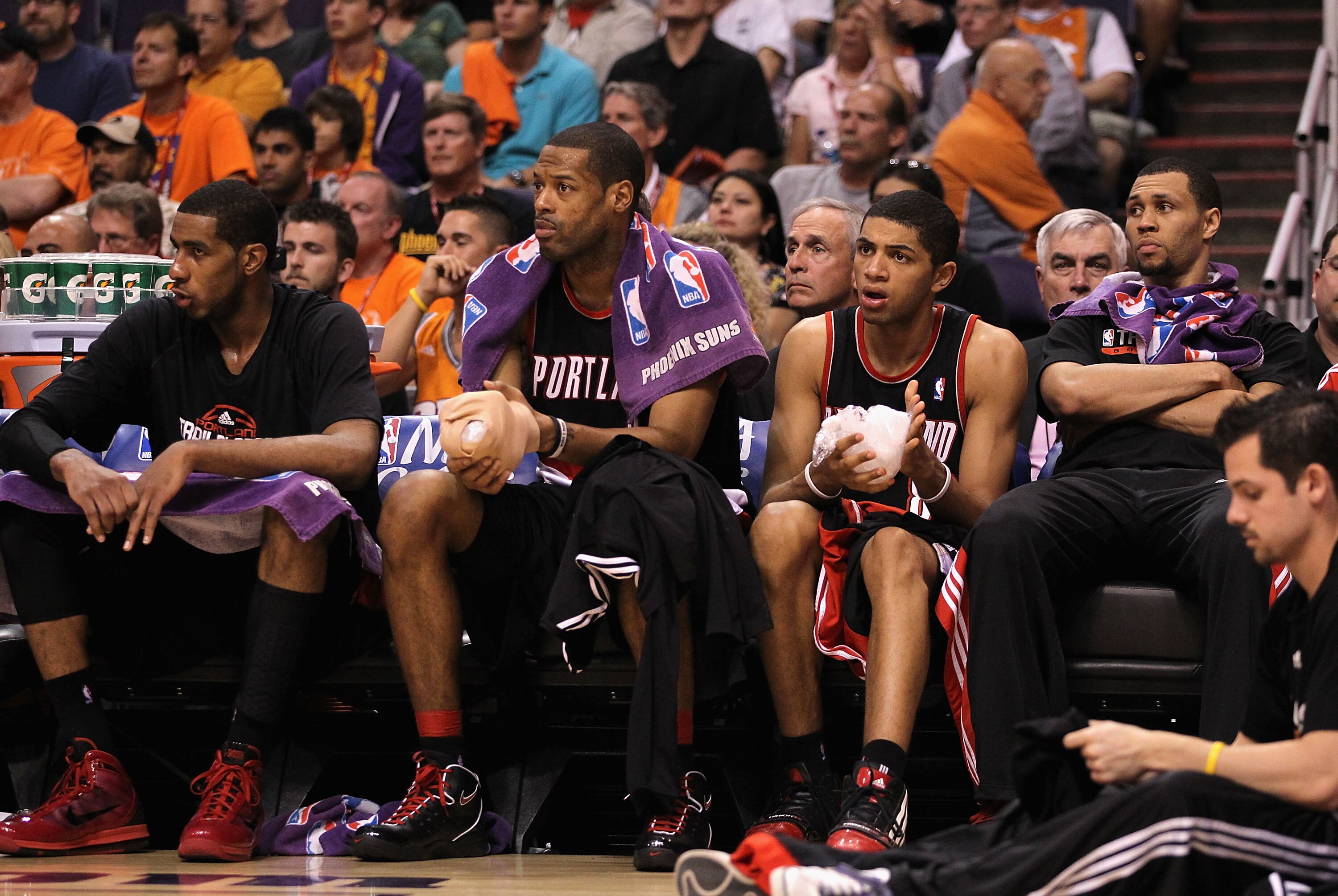 PHOENIX - APRIL 26:  (L-R) LaMarcus Aldridge #12, Marcus Camby #21, Nicolas Batum #88 and Brandon Roy #7 of the Portland Trail Blazers react on the bench during Game Five of the Western Conference Quarterfinals of the 2010 NBA Playoffs against the Phoenix