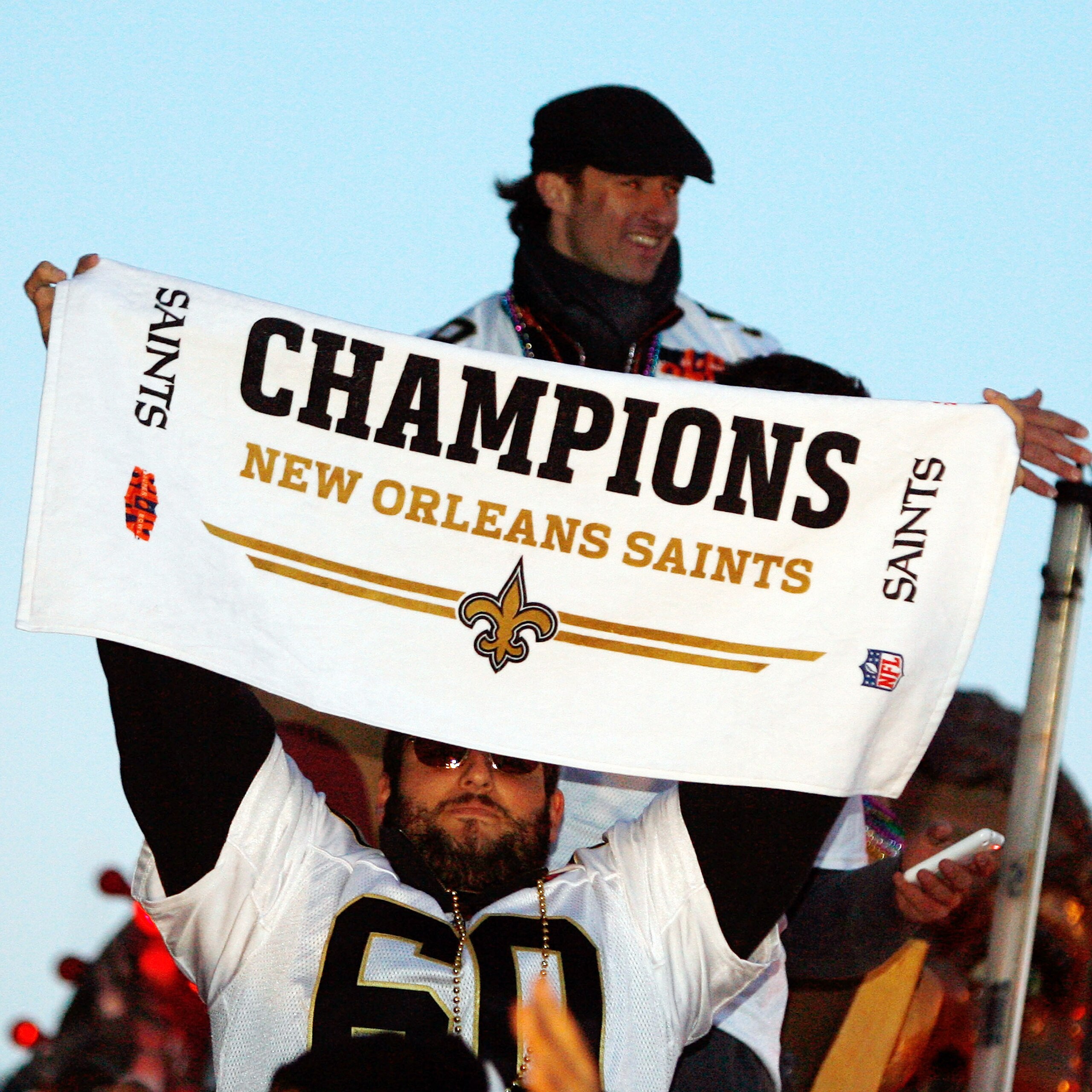 NEW ORLEANS - FEBRUARY 09: Nick Leckey #60 and Quarterback Drew Brees #9 of the New Orleans Saints celebrate as they parade though the city after winning Super Bowl XLIV on February 9, 2010 in New Orleans, Louisiana. (Photo by Sean Gardner/Getty Images) NEW ORLEANS - FEBRUARY 09: Nick Leckey #60 and Quarterback Drew Brees #9 of the New Orleans Saints celebrate as they parade though the city after winning Super Bowl XLIV on February 9, 2010 in New Orleans, Louisiana. (Photo by Sean Gardner/Getty Images)