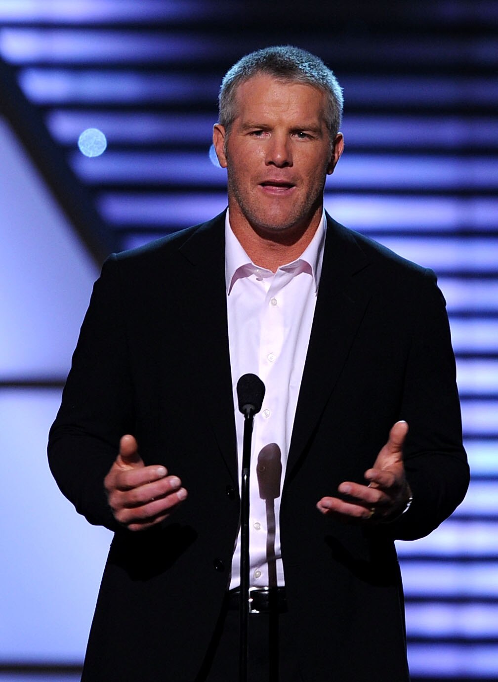 LOS ANGELES, CA - JULY 14:  Minnesota Vikings quarterback Brett Favre speaks onstage during the 2010 ESPY Awards at Nokia Theatre L.A. Live on July 14, 2010 in Los Angeles, California.  (Photo by Kevin Winter/Getty Images)