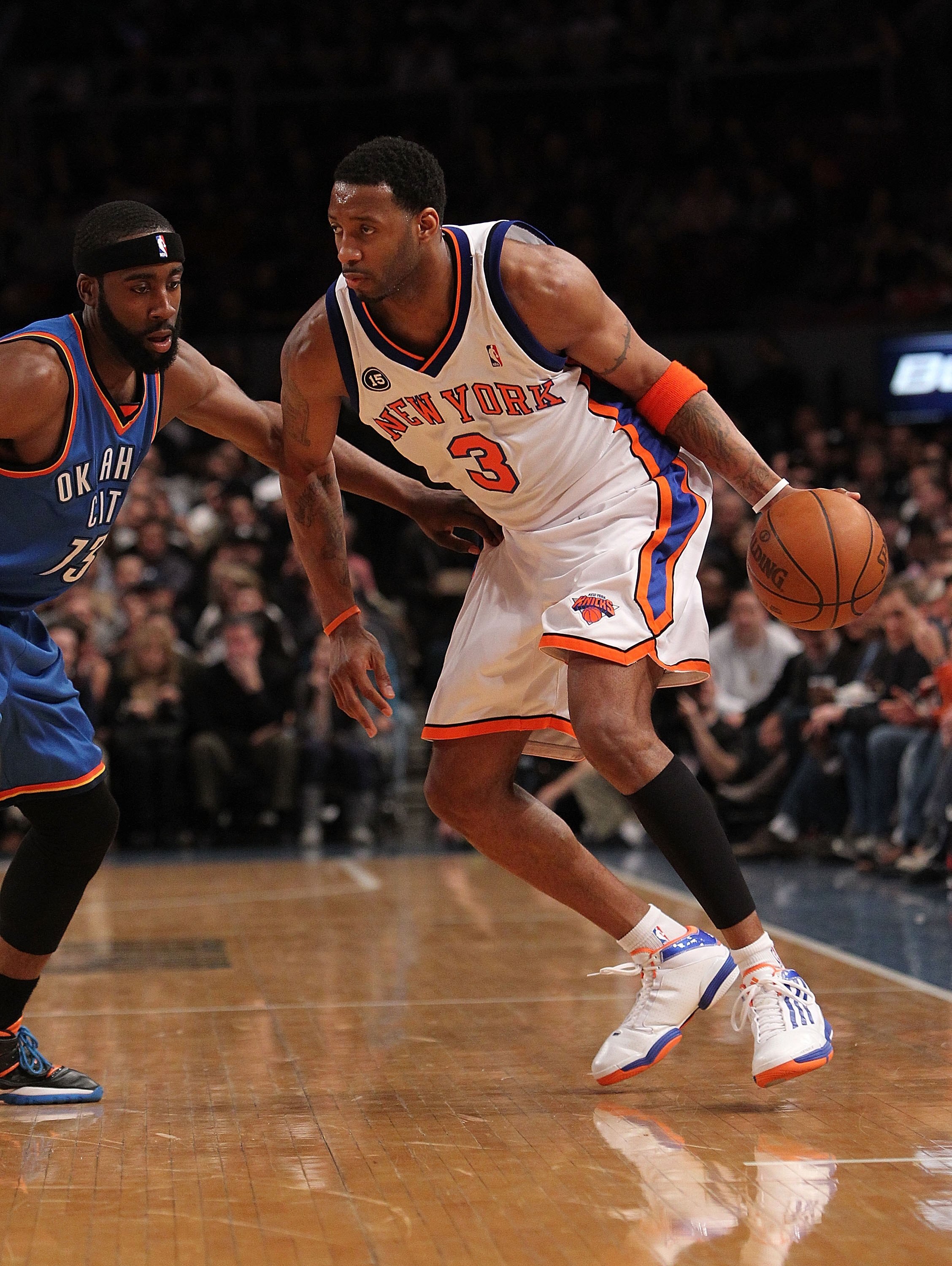 NEW YORK - FEBRUARY 20:  Tracy McGrady #3 of the New York Knicks with the ball against the Oklahoma City Thunder at Madison Square Garden on February 20, 2010 in New York, New York. NOTE TO USER: User expressly acknowledges and agrees that, by downloading