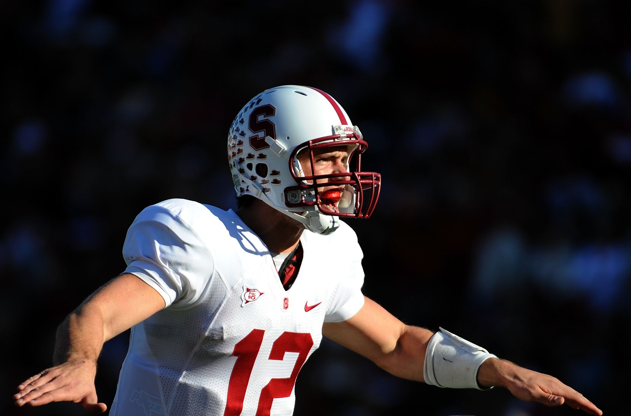 LOS ANGELES, CA - NOVEMBER 14:  Andrew Luck #12 of the Stanford Cardinals calls a play at the line against the USC Trojans during the second half at the Los Angeles Memorial Coliseum on November 14, 2009 in Los Angeles, California. Stanford won 55-21.  (P