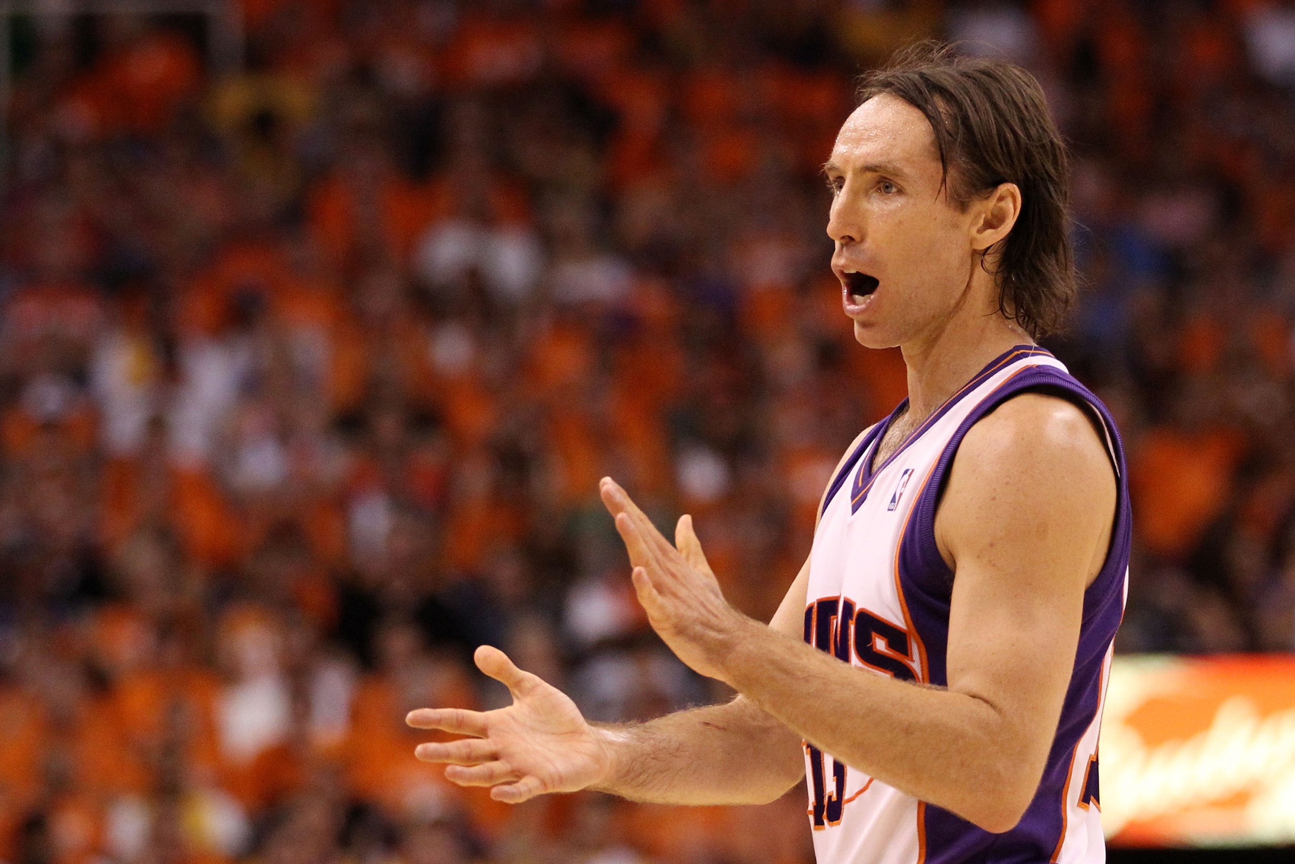 PHOENIX - MAY 29: Steve Nash #13 of the Phoenix Suns encourages his team against the Los Angeles Lakers in the third quarter of Game Six of the Western Conference Finals during the 2010 NBA Playoffs at US Airways Center on May 29, 2010 in Phoenix, Arizon PHOENIX - MAY 29: Steve Nash #13 of the Phoenix Suns encourages his team against the Los Angeles Lakers in the third quarter of Game Six of the Western Conference Finals during the 2010 NBA Playoffs at US Airways Center on May 29, 2010 in Phoenix, Arizon