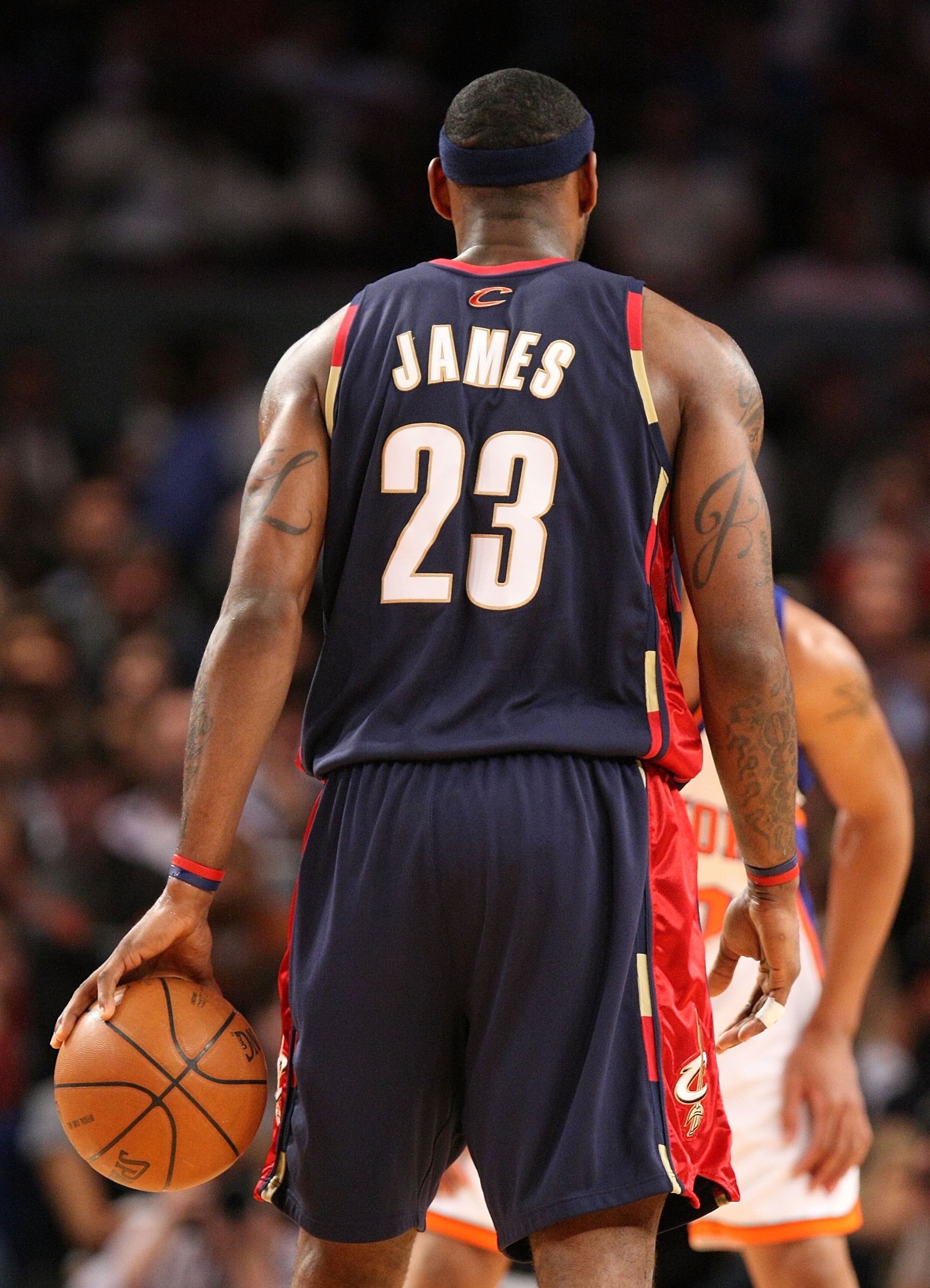 NEW YORK - MARCH 05:  LeBron James #23 of the Cleveland Cavaliers holds the ball against  the New York Knicks during their game on March 5, 2008 at Madison Square Garden in New York City, New York.   NOTE TO USER: User expressly acknowledges and agrees th