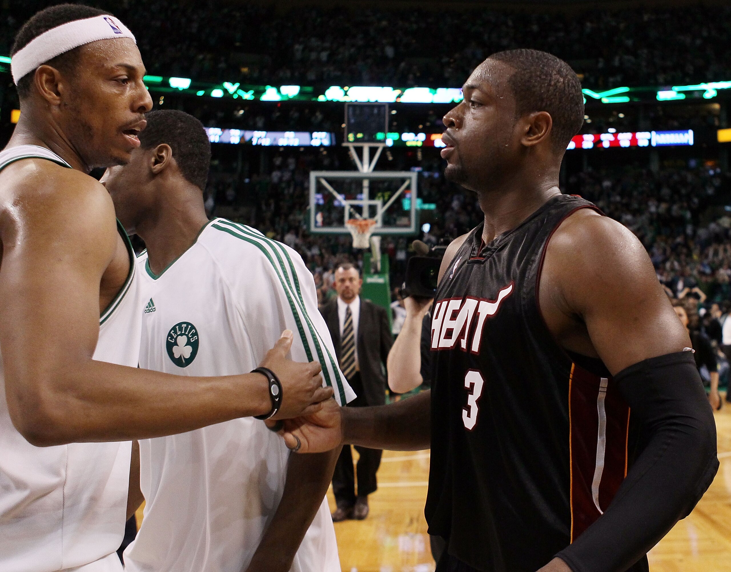 BOSTON - APRIL 27:  Dwyane Wade #3 of the Miami Heat congratulates Paul Pierce #34 of the Boston Celtics after Game Five of the Eastern Conference Quarterfinals of the 2010 NBA playoffs at the TD Garden on April 27, 2010 in Boston, Massachusetts. The Celt