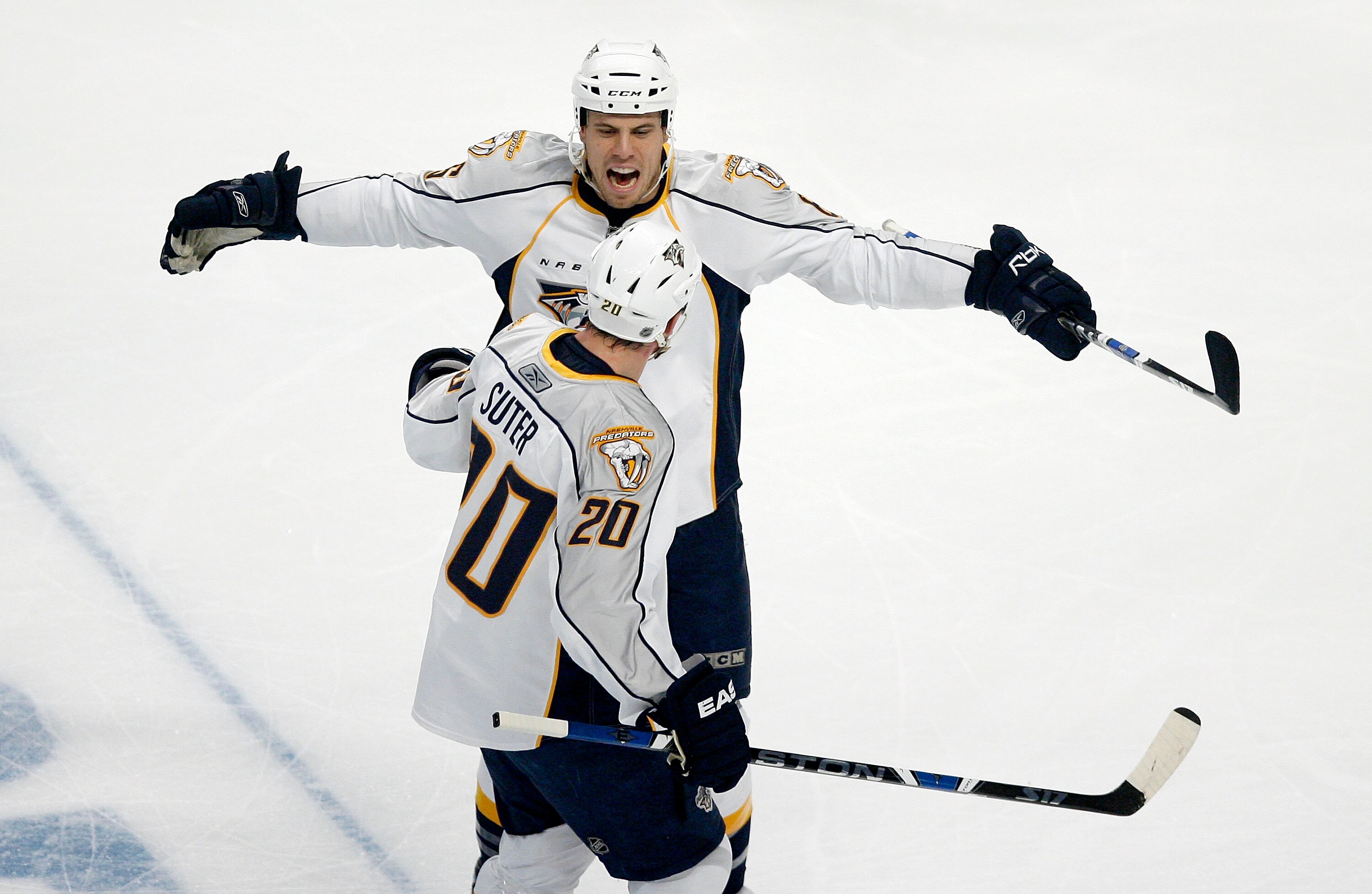 CHICAGO - OCTOBER 13:  Shea Weber #6 and Ryan Suter #20 of the Nashville Predators celebrate Weber's goal during the first period against the Chicago Blackhawks at the United Center on October 13, 2008 in Chicago, Illinois.  (Photo by Brian Kersey/Getty I