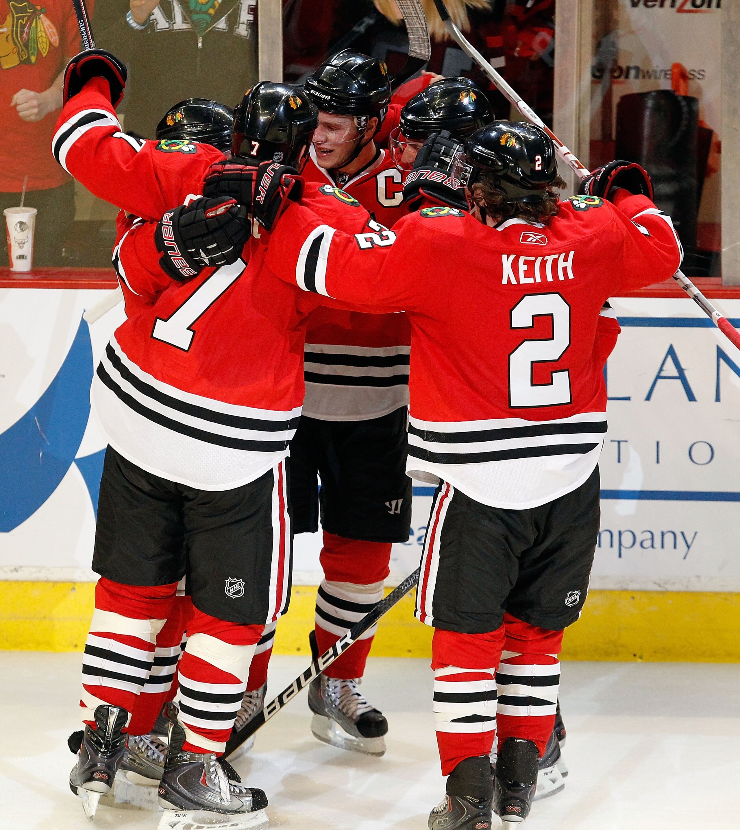 CHICAGO - APRIL 24: (L-R) Patrick Kane #88, Brent Seabrook #7, Jonathan Toews #19, Patrick Sharp #10 and Duncan Keith #2 of the Chicago Blackhawks celebrate a goal by Kane with 13 seconds left in regulation time against the Nashville Predators in Game Fiv CHICAGO - APRIL 24: (L-R) Patrick Kane #88, Brent Seabrook #7, Jonathan Toews #19, Patrick Sharp #10 and Duncan Keith #2 of the Chicago Blackhawks celebrate a goal by Kane with 13 seconds left in regulation time against the Nashville Predators in Game Fiv
