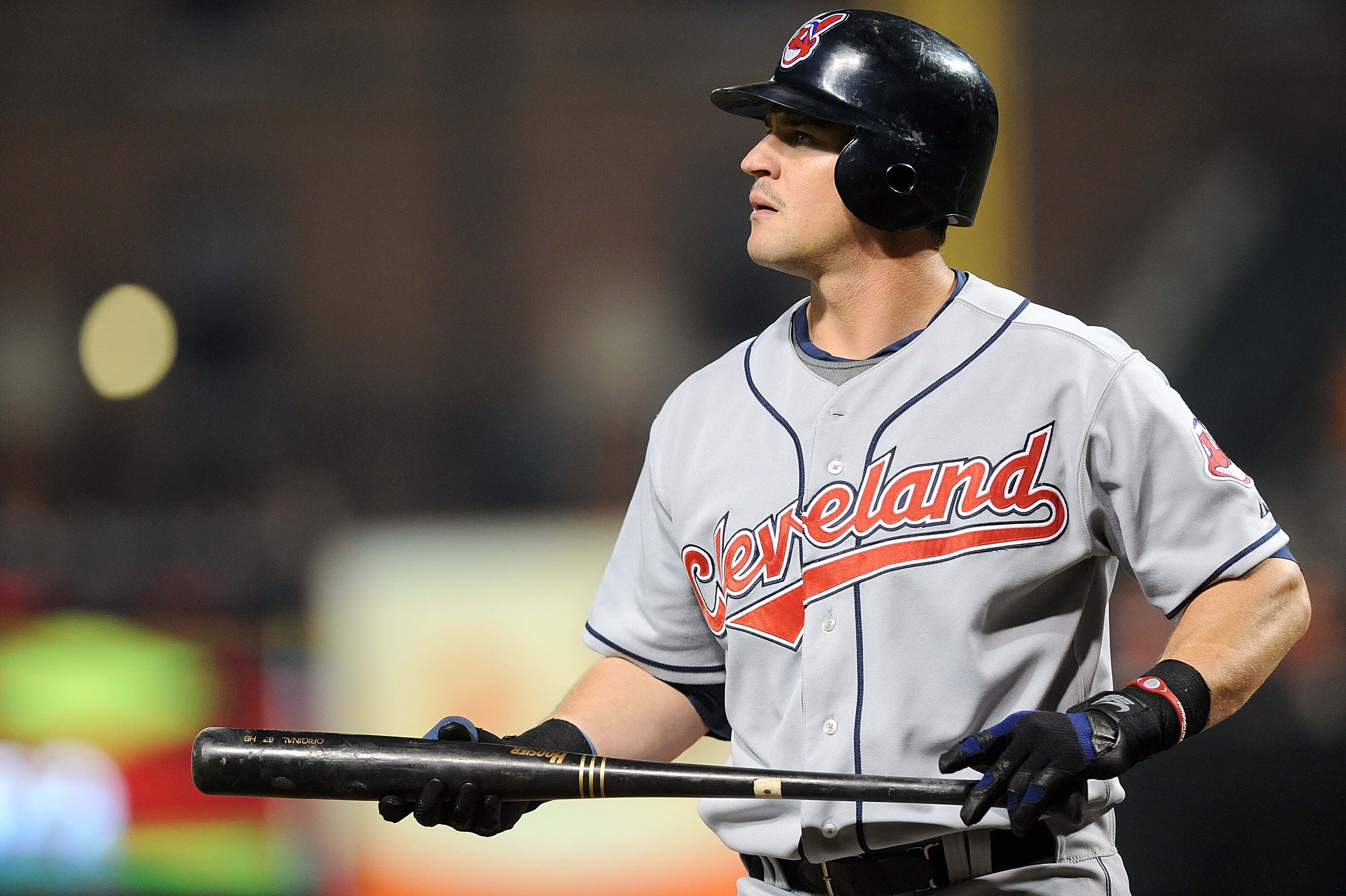 BALTIMORE - MAY 14:  Matt LaPorta #7 of the Cleveland Indians walks to the dugout after striking out against the Baltimore Orioles at Camden Yards on May 14, 2010 in Baltimore, Maryland.  (Photo by Greg Fiume/Getty Images)