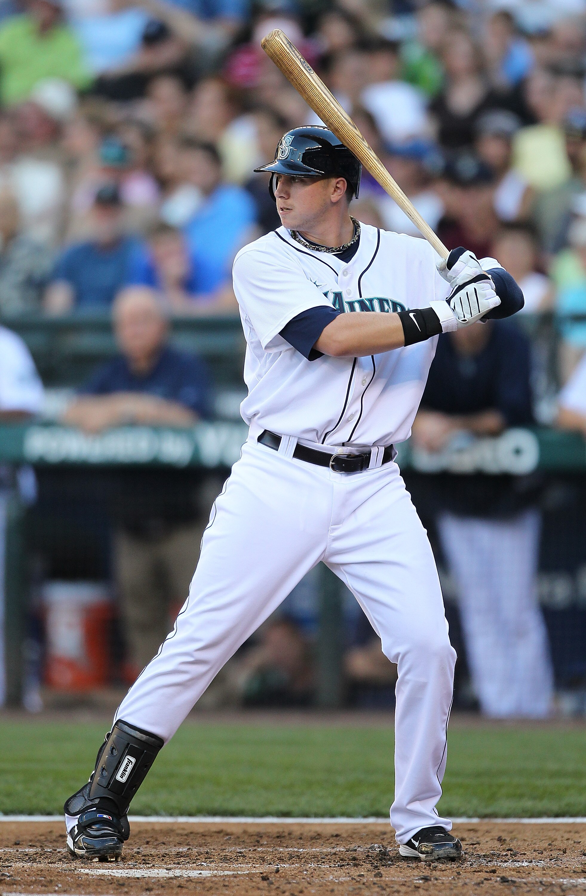 SEATTLE - JULY 10:  Justin Smoak #17 of the Seattle Mariners takes his first at-bat as a Mariner against the New York Yankees at Safeco Field on July 10, 2010 in Seattle, Washington. (Photo by Otto Greule Jr/Getty Images)