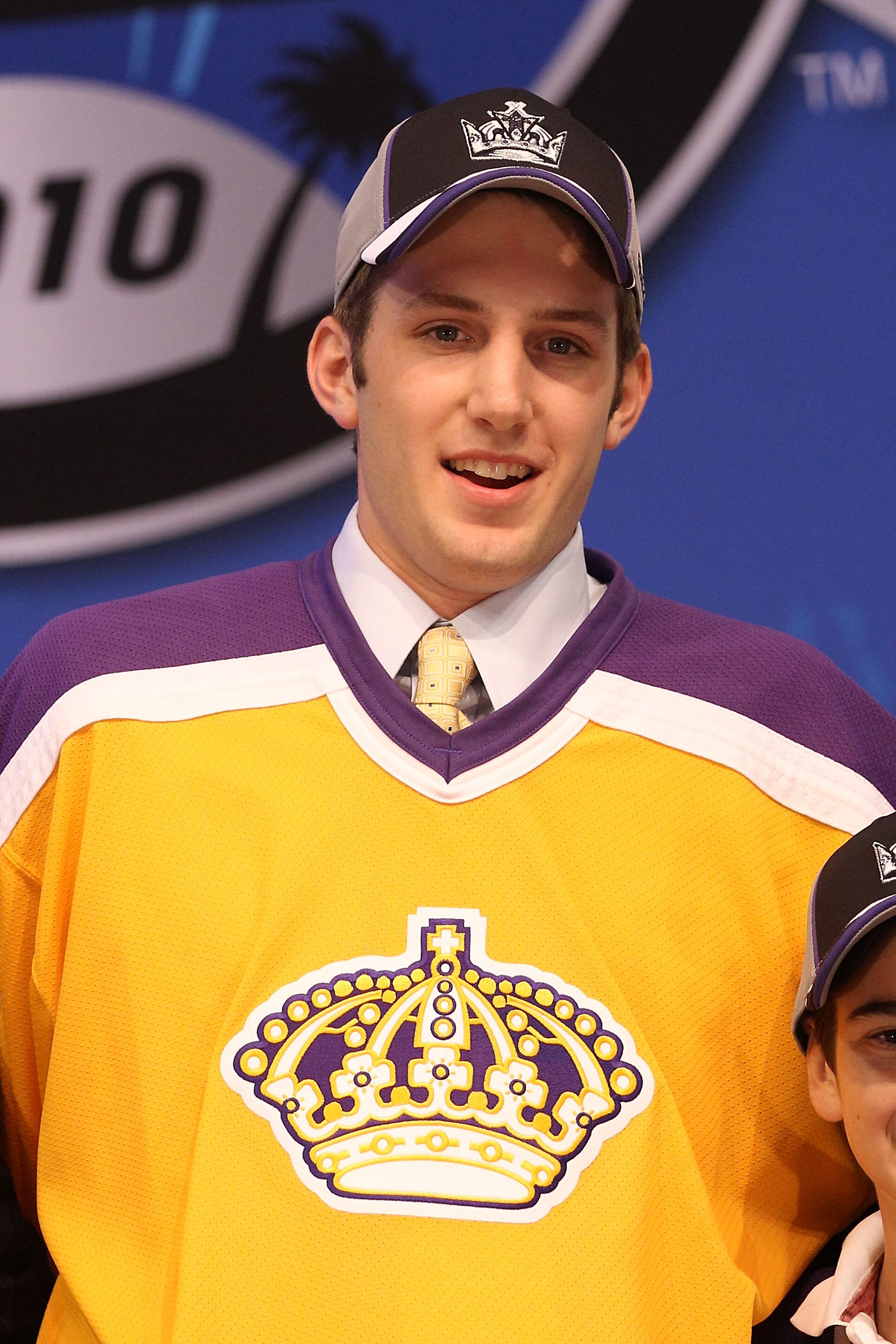 LOS ANGELES, CA - JUNE 25:  Derek Forbort, drafted 15th overall by the Los Angeles Kings, poses on stage during the 2010 NHL Entry Draft at Staples Center on June 25, 2010 in Los Angeles, California.  (Photo by Bruce Bennett/Getty Images)