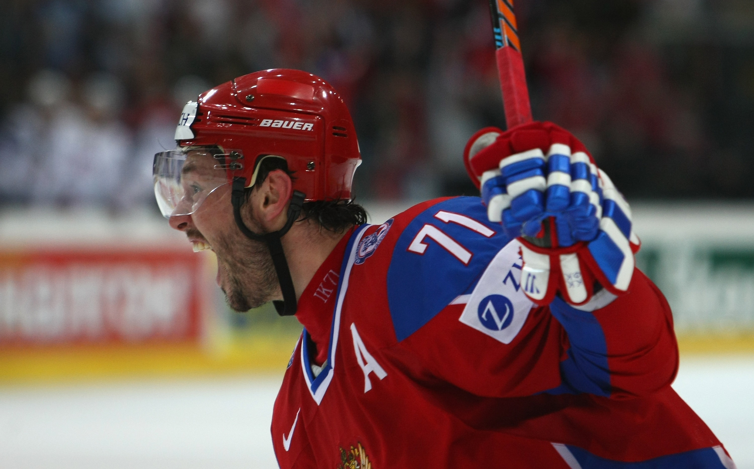 BERN, SWITZERLAND - MAY 08:  Ilya Kovalchuk of Russia celebrates victory in the IIHF World Championship Semi-Final between USA and Russia at the PostFinance Arena on May 8, 2009 in Bern, Switzerland.  (Photo by Mike Hewitt/Getty Images)