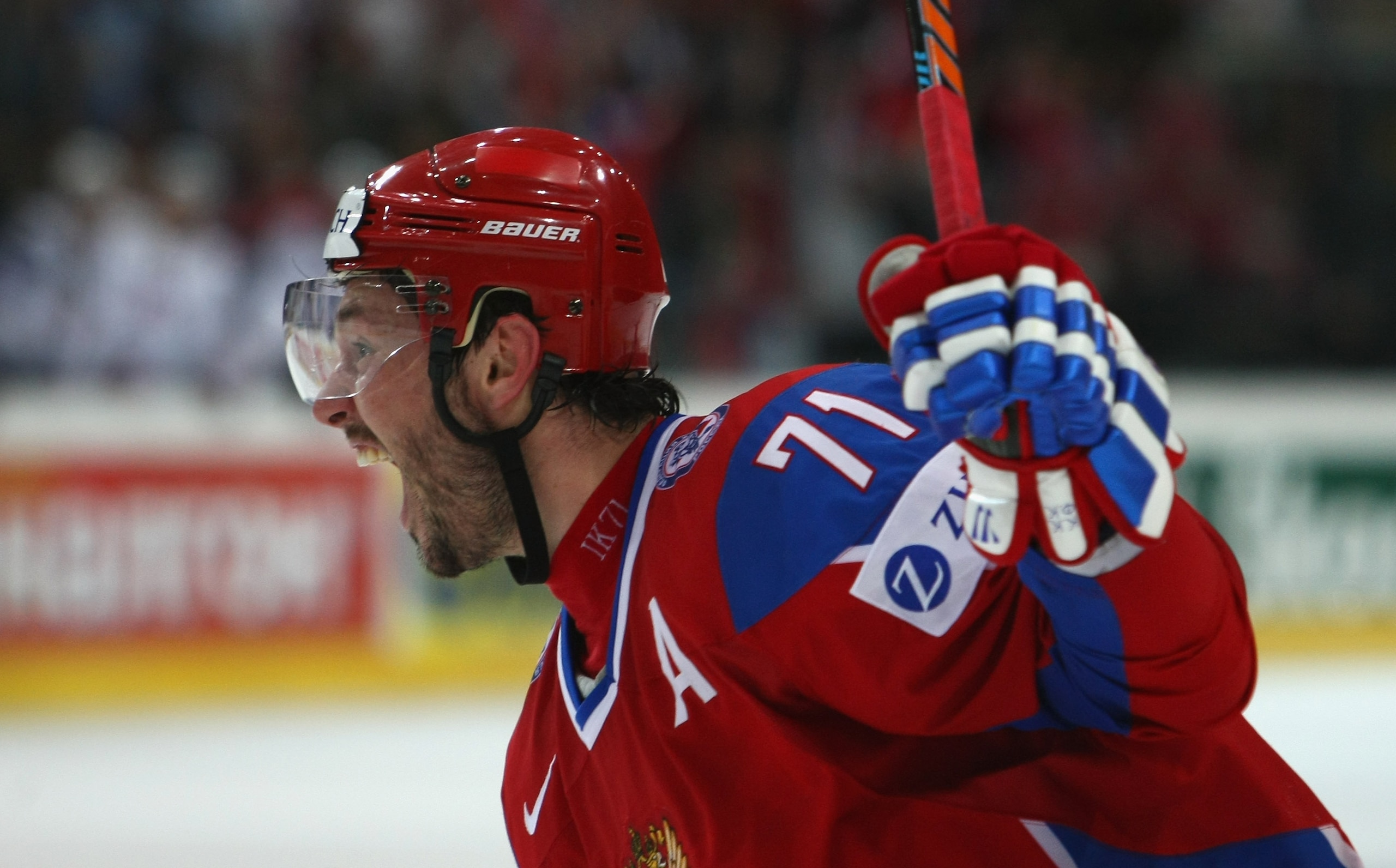 BERN, SWITZERLAND - MAY 08:  Ilya Kovalchuk of Russia celebrates victory in the IIHF World Championship Semi-Final between USA and Russia at the PostFinance Arena on May 8, 2009 in Bern, Switzerland.  (Photo by Mike Hewitt/Getty Images)