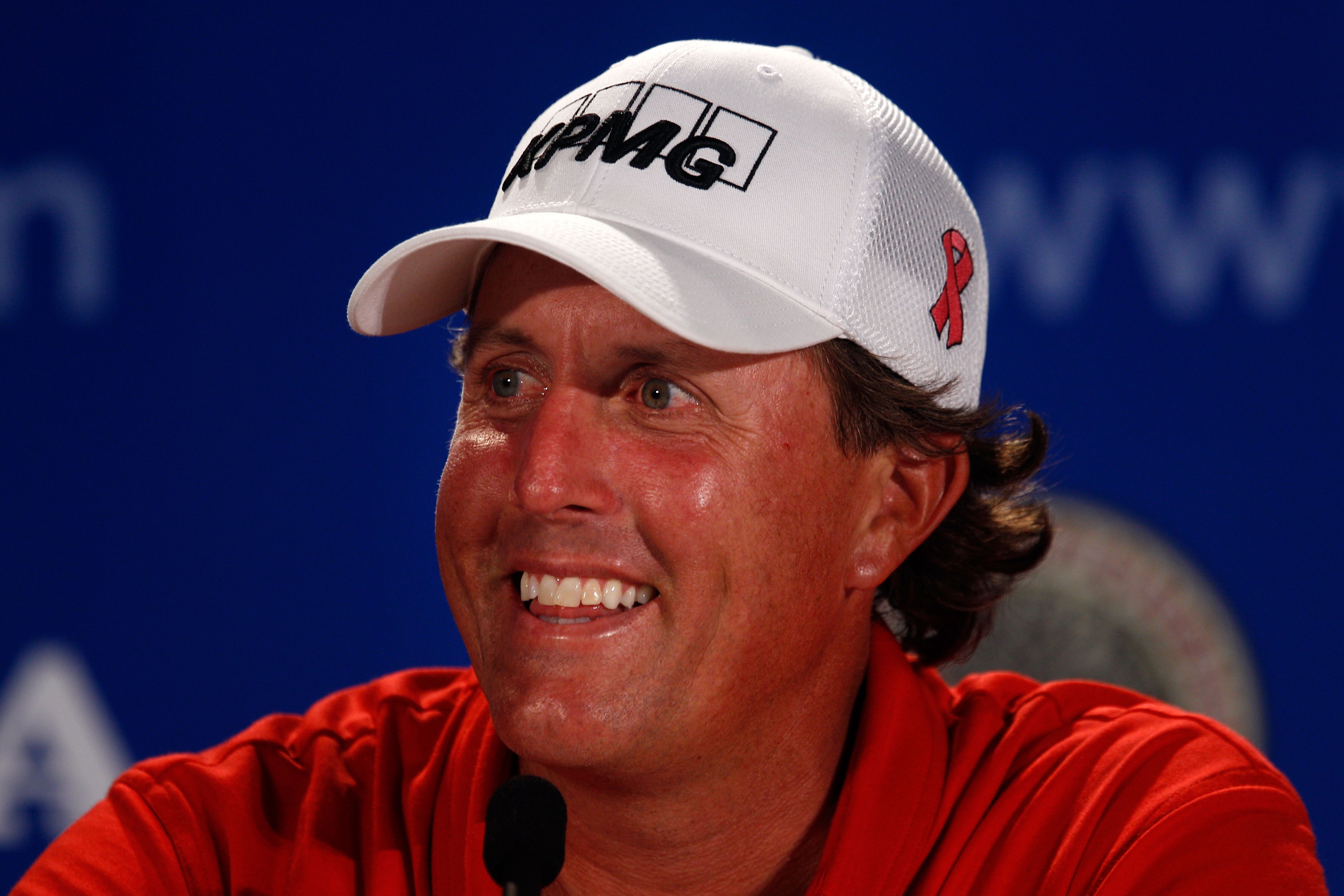 KOHLER, WI - AUGUST 10:  Phil Mickelson is interviewed by the media during a press conference during a practice round prior to the start of the 92nd PGA Championship on the Straits Course at Whistling Straits on August 10, 2010 in Kohler, Wisconsin.  (Pho