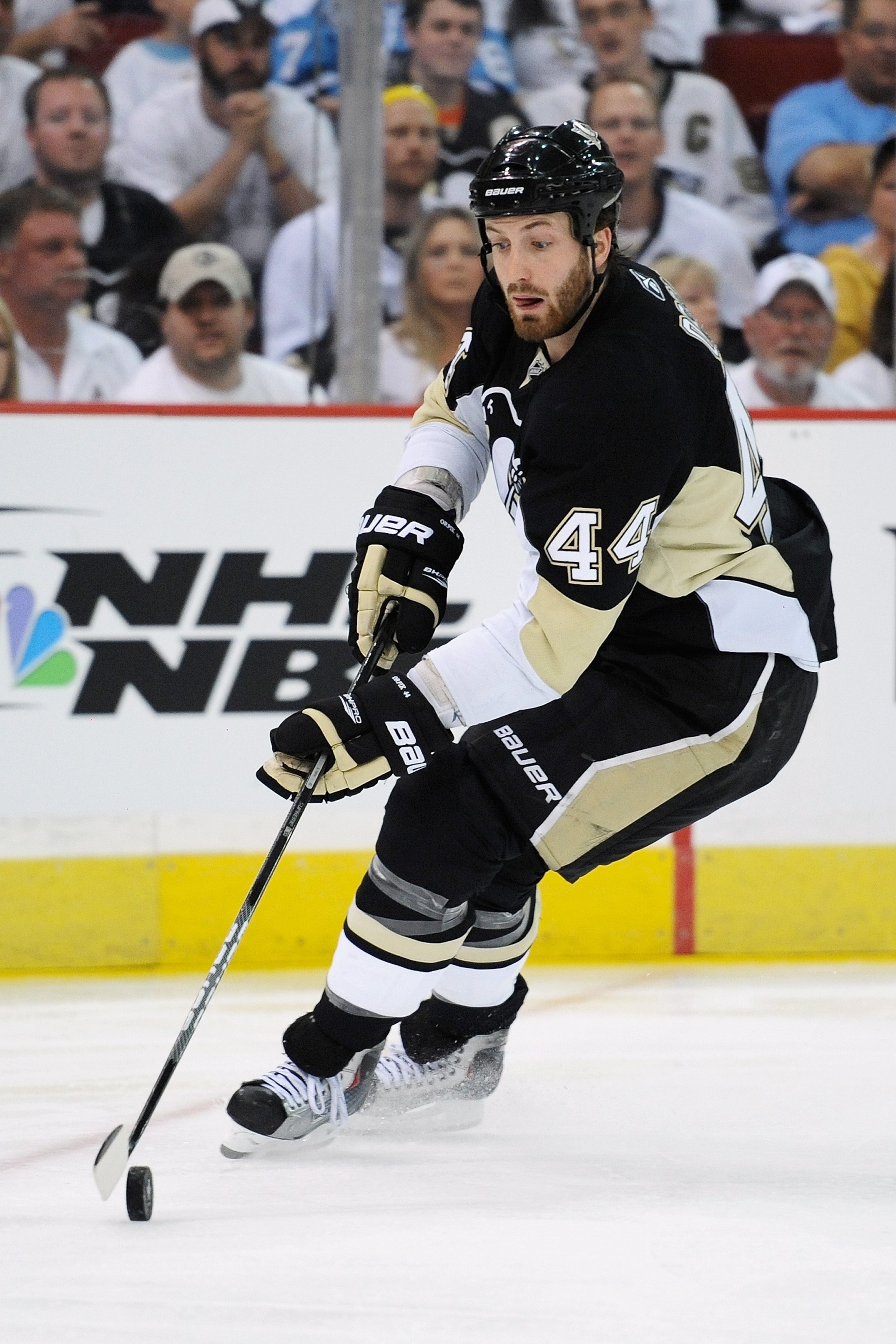 PITTSBURGH - MAY 2: Brooks Orpik #44 of the Pittsburgh Penguins skates with the puck against the Montreal Canadiens in Game Two of the Eastern Conference Semifinals during the 2010 NHL Stanley Cup Playoffs on May 2, 2010 at Mellon Arena in Pittsburgh, Pe PITTSBURGH - MAY 2: Brooks Orpik #44 of the Pittsburgh Penguins skates with the puck against the Montreal Canadiens in Game Two of the Eastern Conference Semifinals during the 2010 NHL Stanley Cup Playoffs on May 2, 2010 at Mellon Arena in Pittsburgh, Pe