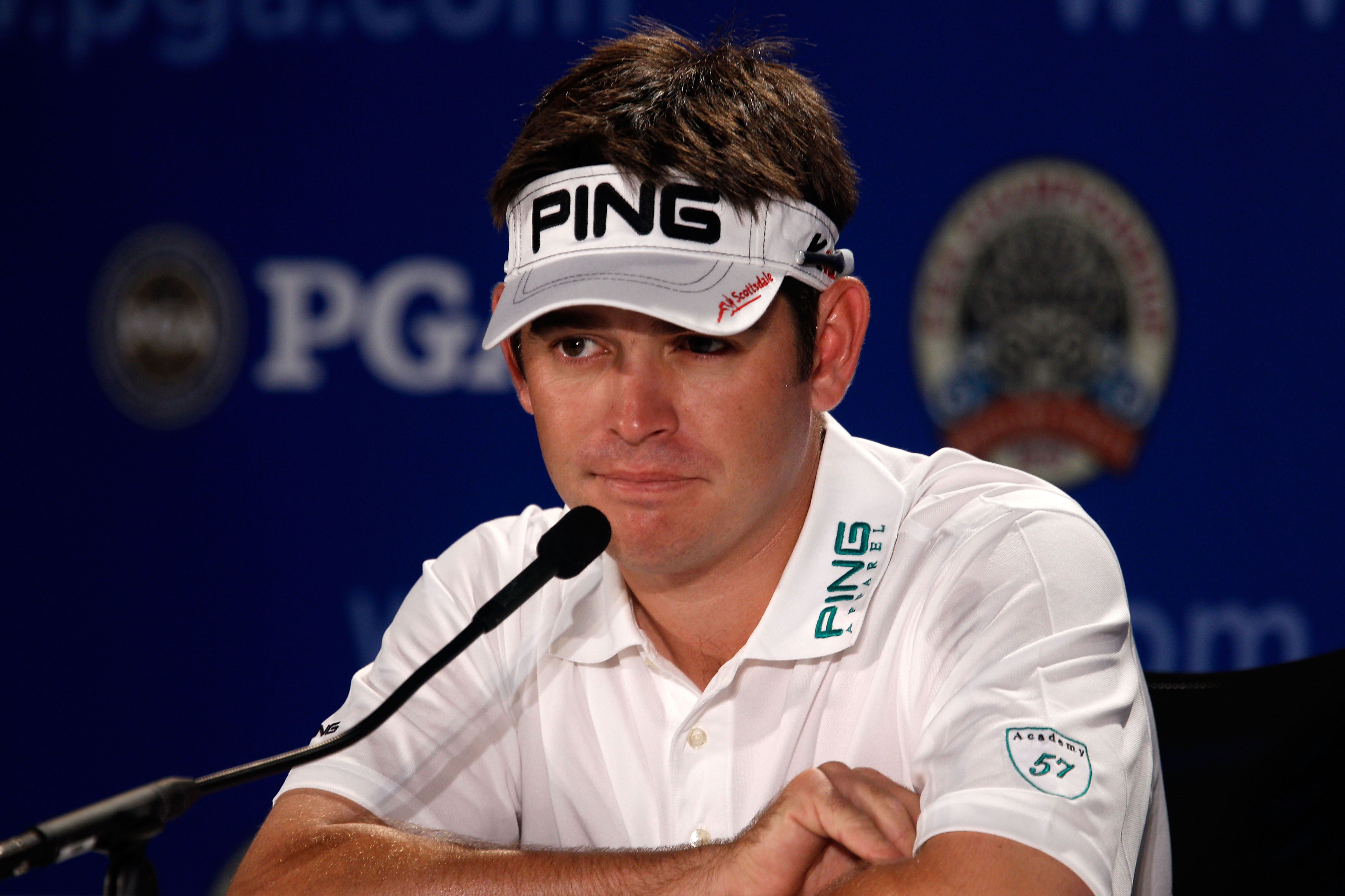 KOHLER, WI - AUGUST 10:  Louis Oosthuizen of South Africa is interviewed during a press conference prior to the start of the 92nd PGA Championship on the Straits Course at Whistling Straits on August 10, 2010 in Kohler, Wisconsin.  (Photo by Scott Hallera