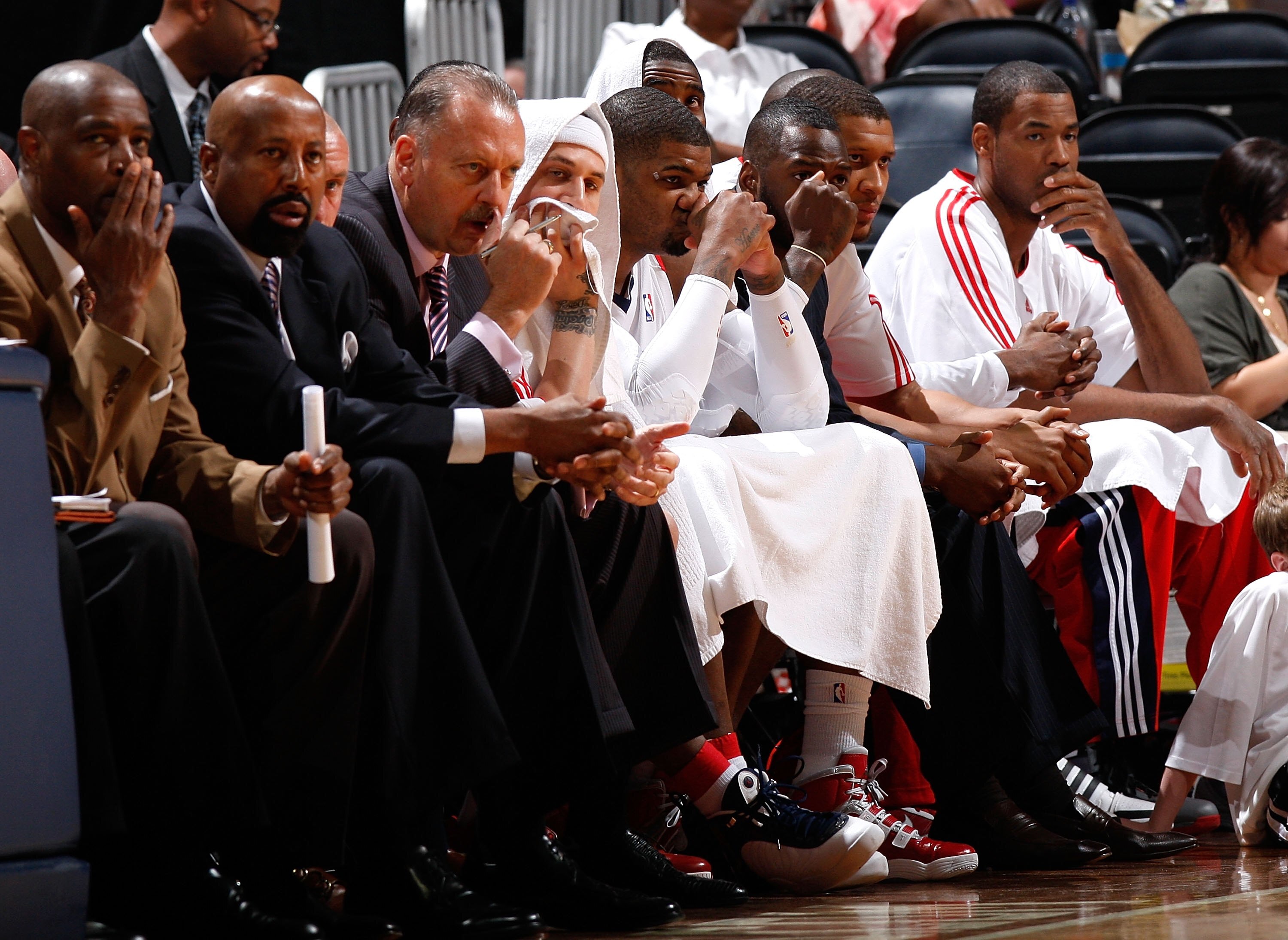 ATLANTA - MAY 08:  The bench of the Atlanta Hawks looks on the final minutes of their loss to the Orlando Magic during Game Three of the Eastern Conference Semifinals during the 2010 NBA Playoffs at Philips Arena on May 8, 2010 in Atlanta, Georgia.  NOTE