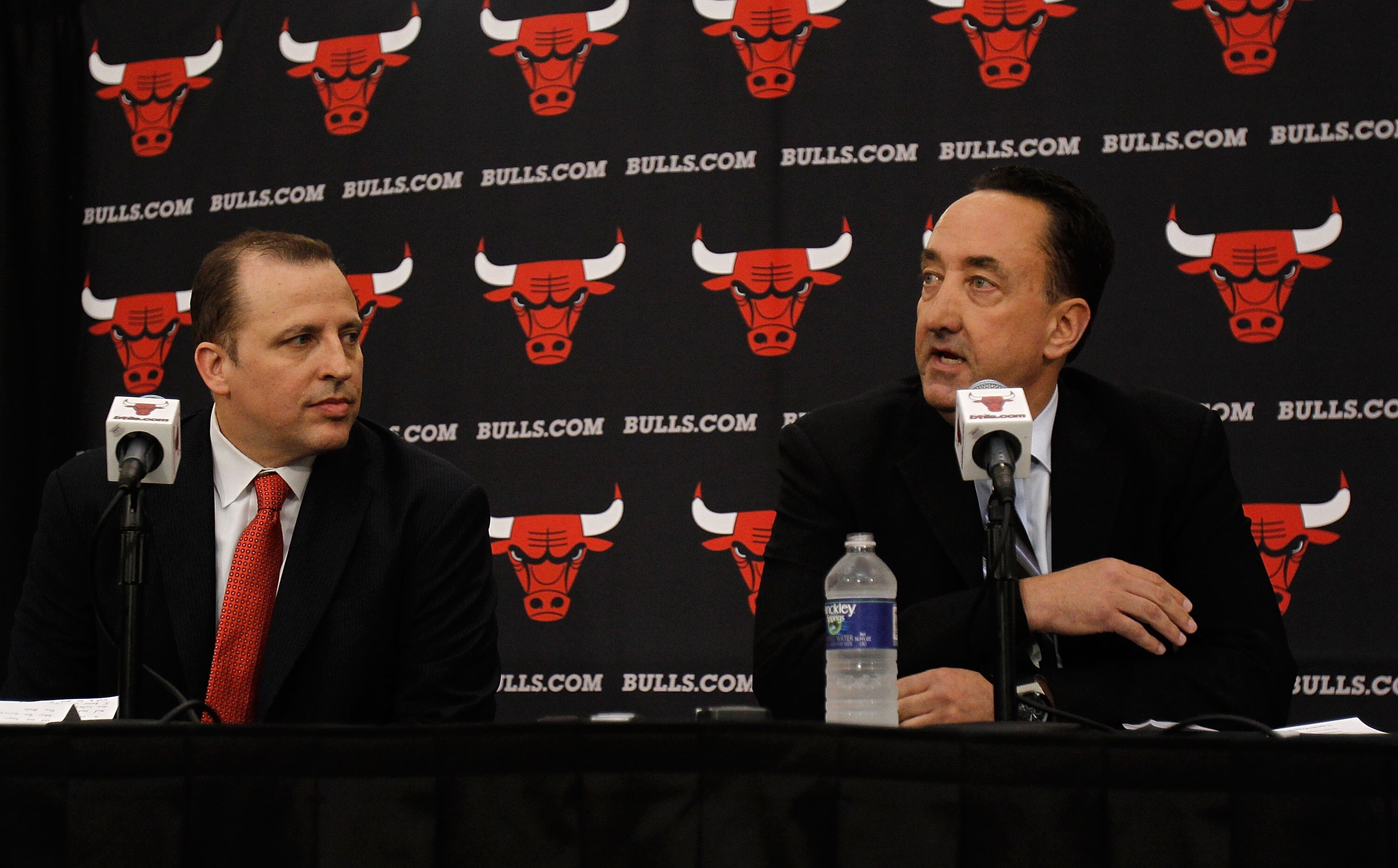 DEERFIELD, IL - JUNE 23: General Manager Gar Forman of the Chicago Bulls (L) announces that Tom Thibodeau, formally an assistant coach with the Boston Celtics, will become the new head coach of the Bulls during a press conference at the Berto Center pract