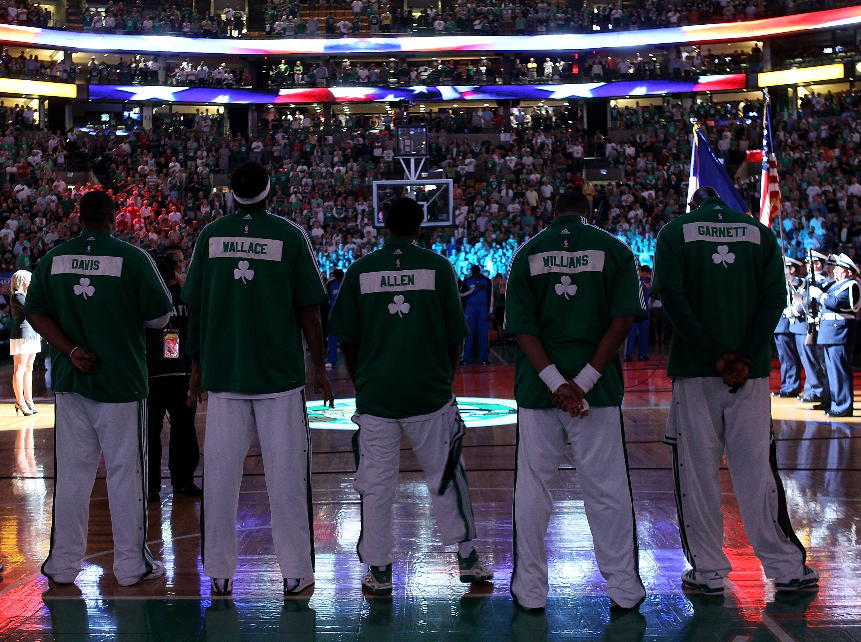 BOSTON - MAY 28:  (L-R) Glen Davis, Rasheed Wallace;Tony Allen, Sheldon Williams and Kevin Garnett of the Boston Celtics stand for the National Anthem against the Orlando Magic in Game Six of the Eastern Conference Finals during the 2010 NBA Playoffs at T