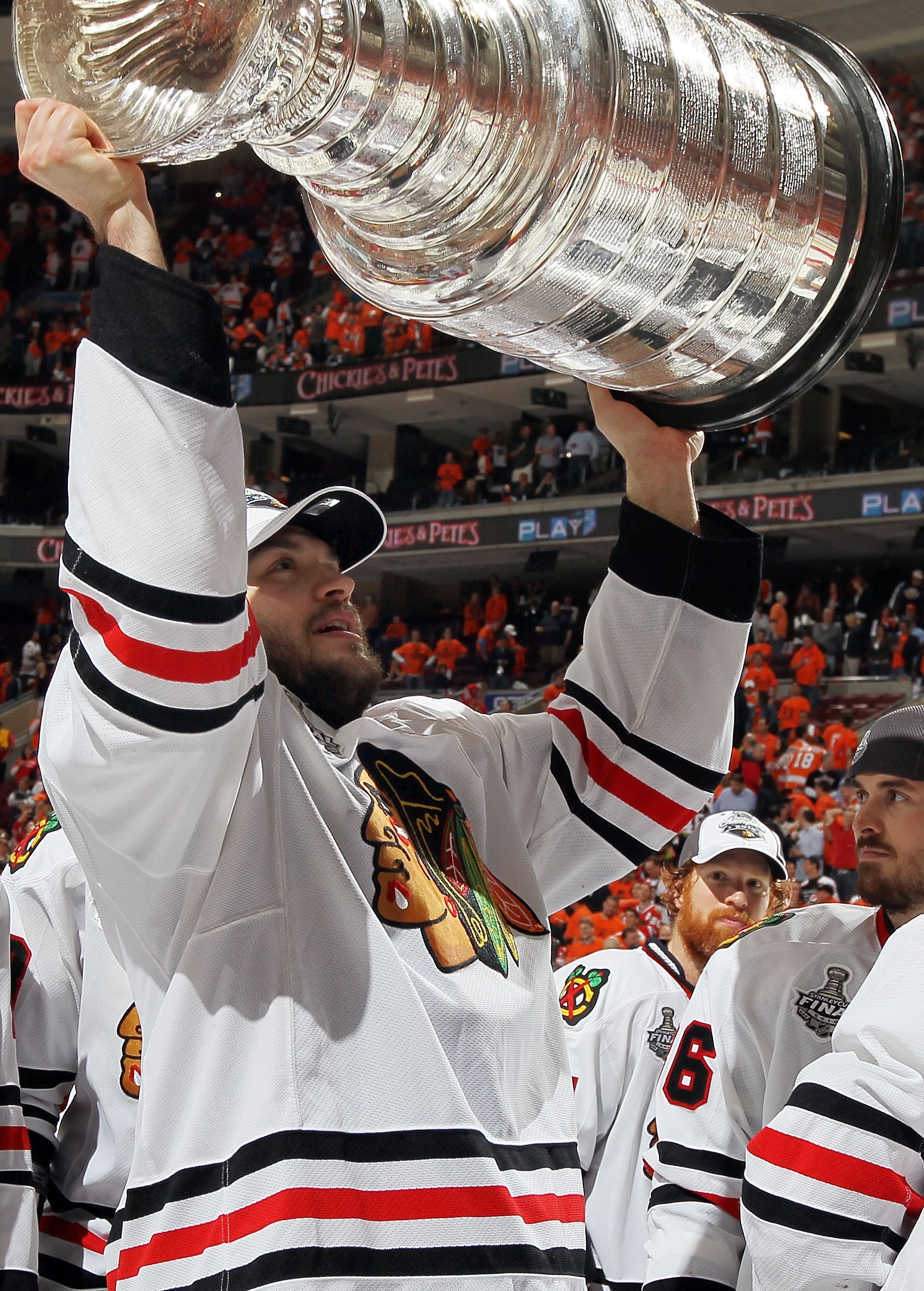 PHILADELPHIA - JUNE 09:  Brent Seabrook #7 of the Chicago Blackhawks hoists the Stanley Cup after teammate Patrick Kane scored the game-winning goal in overtime to defeat the Philadelphia Flyers 4-3 and win the Stanley Cup in Game Six of the 2010 NHL Stan