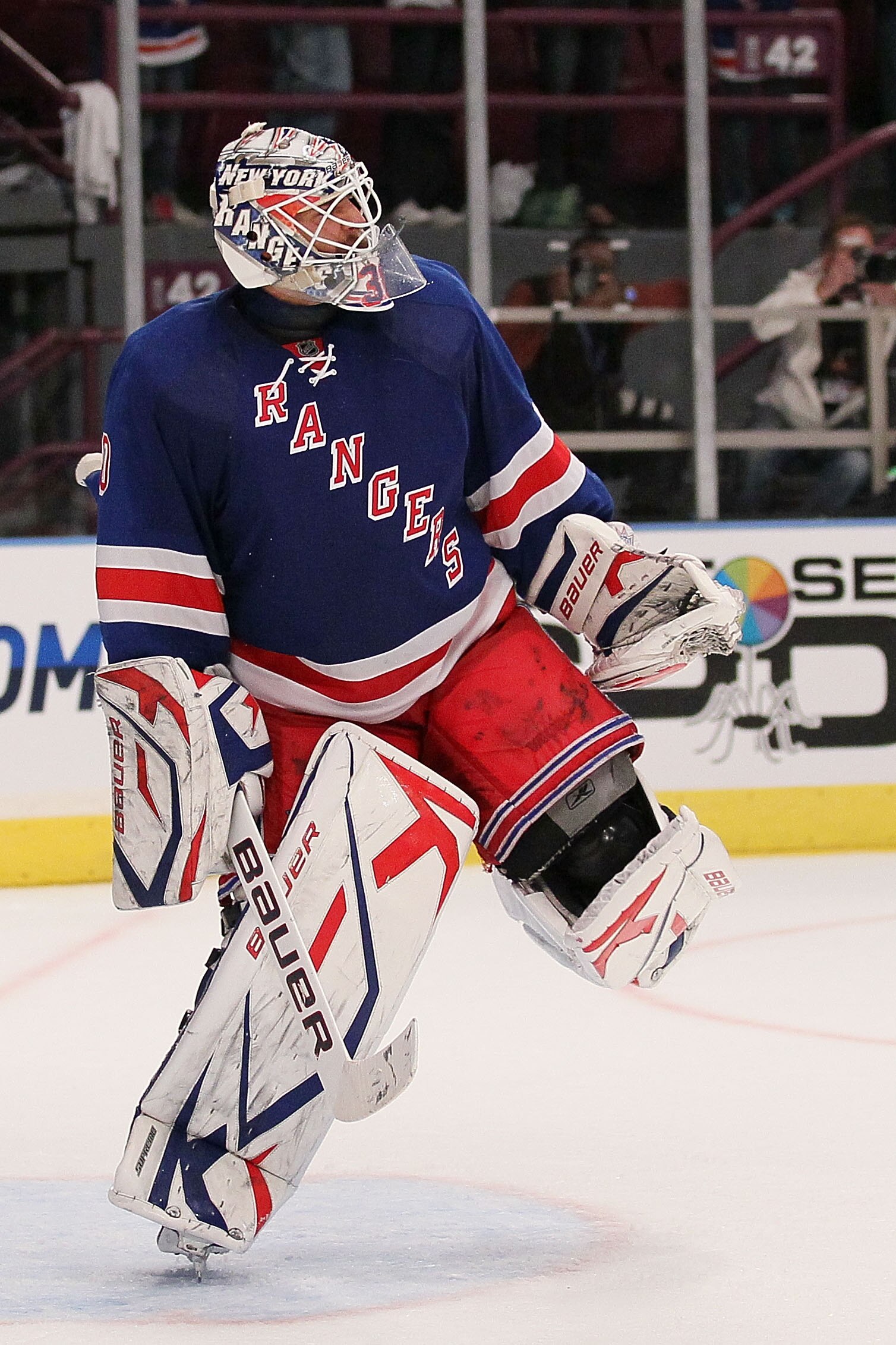 NEW YORK - APRIL 09:  Henrik Lundqvist #30 of the New York Rangers celebrates victory against the Philadelphia Flyers during their game on April 9, 2010 at Madison Square Garden in New York City.  (Photo by Chris McGrath/Getty Images)